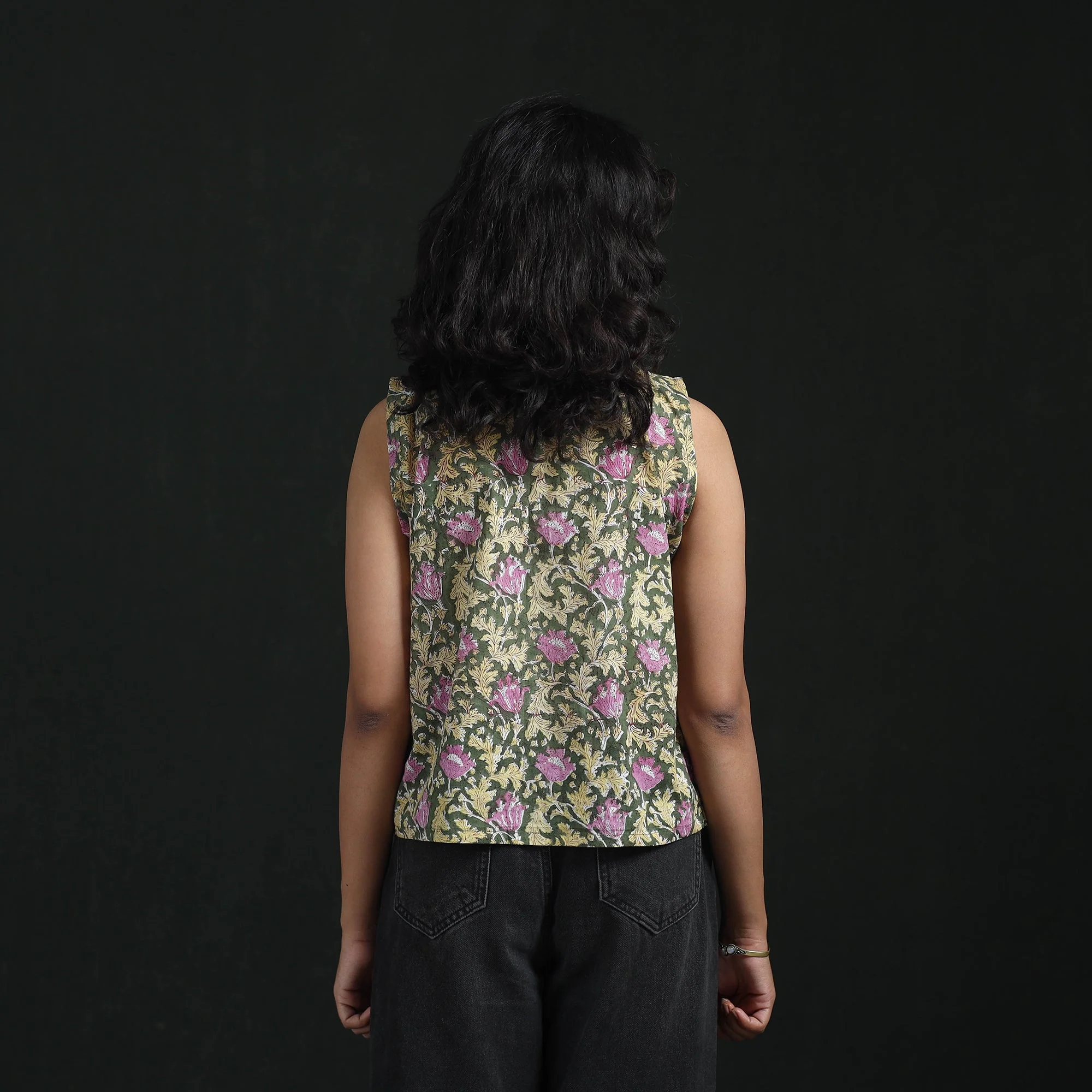Green - Hand Block Sanganeri Print Cotton Floral Crop Top 17 - Image 5