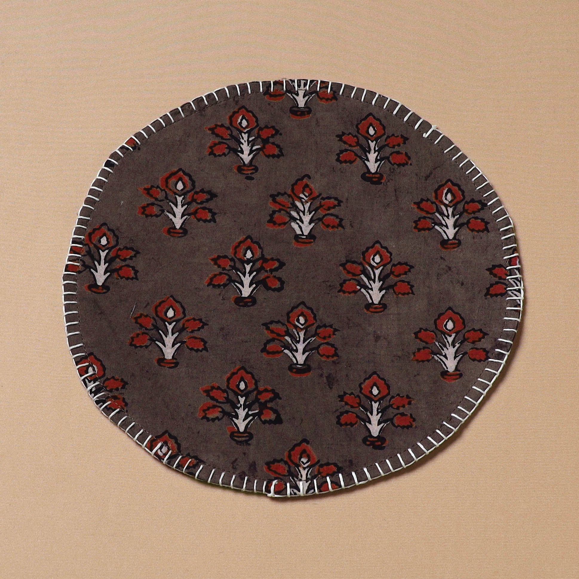 Brown - Hand Embroidered Ajrakh Block Print Cotton Round Roti Napkin 26 - Image 2