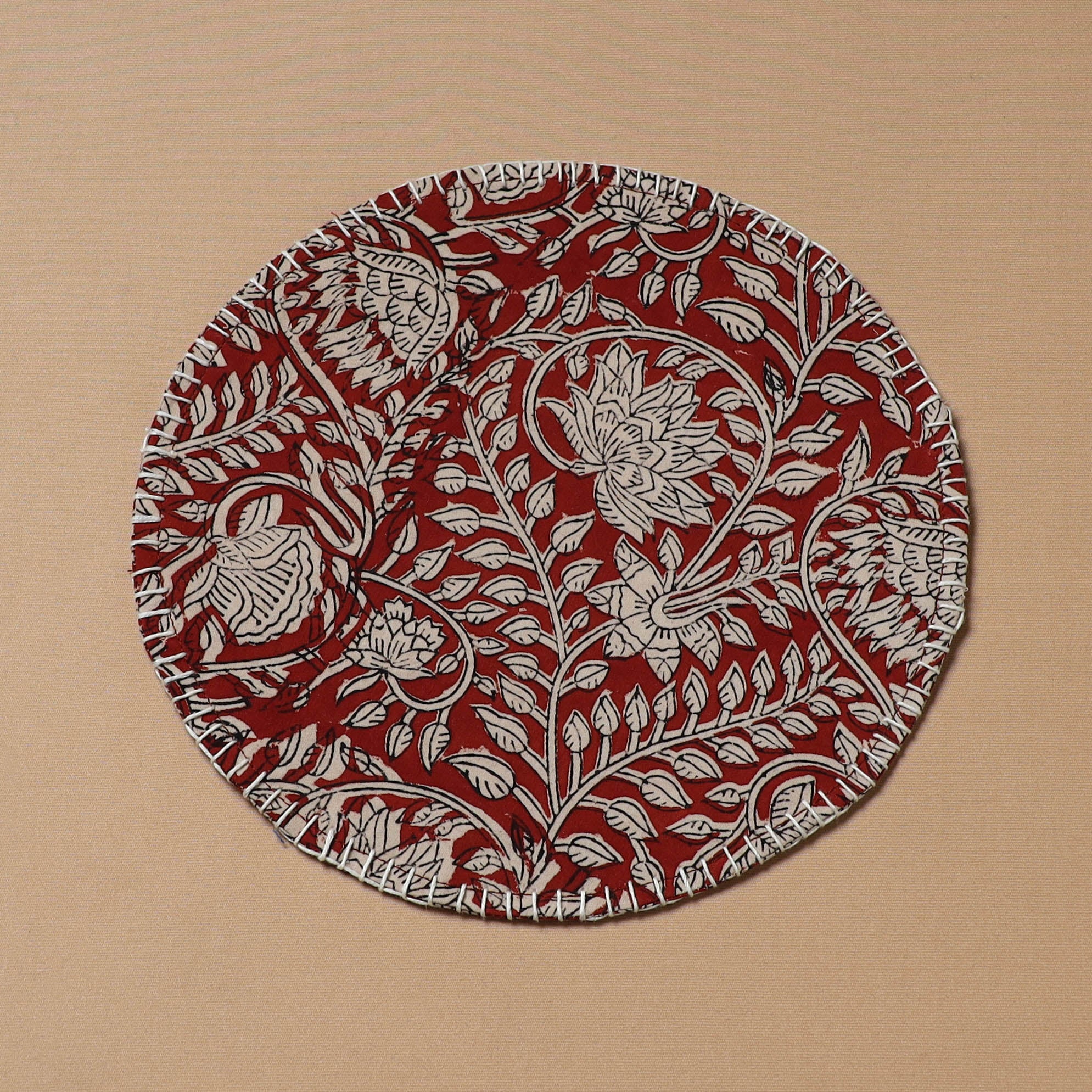 Red - Hand Embroidered Bagru Block Print Cotton Round Roti Napkin 22 - Image 2