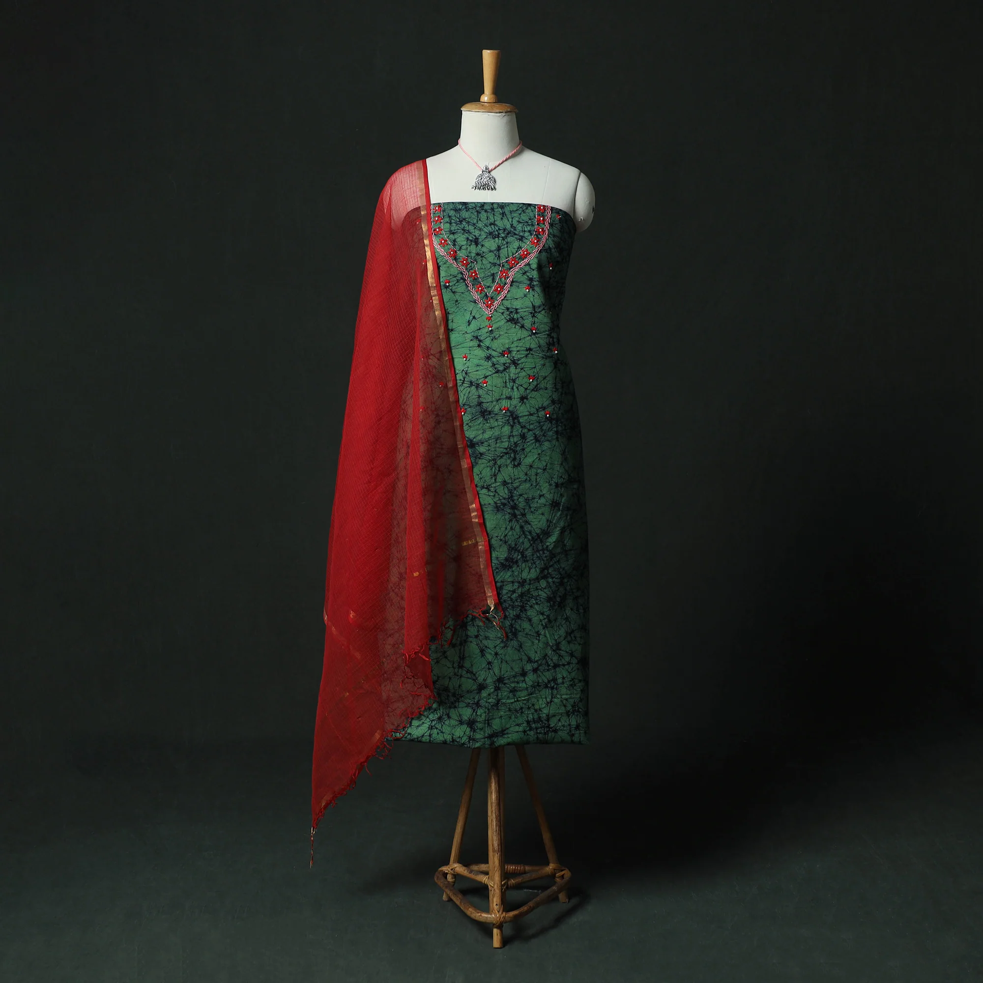 Green - Hand Embroidered Batik Block Print Cotton 2pc Unstitched Dress Material Kurta Set with Jewellery 01