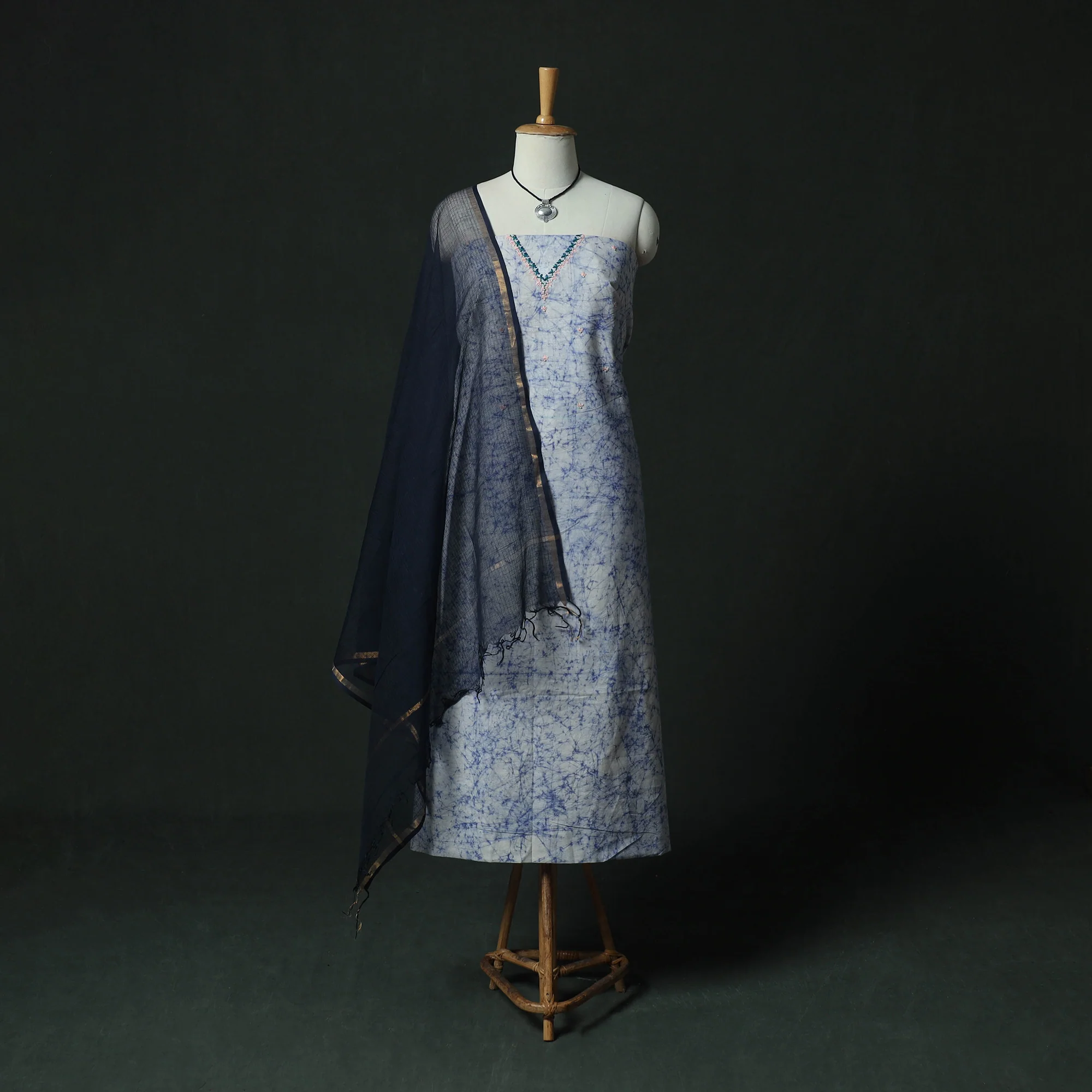 Blue - Hand Embroidered Batik Block Print Cotton 2pc Unstitched Dress Material Kurta Set with Jewellery 05