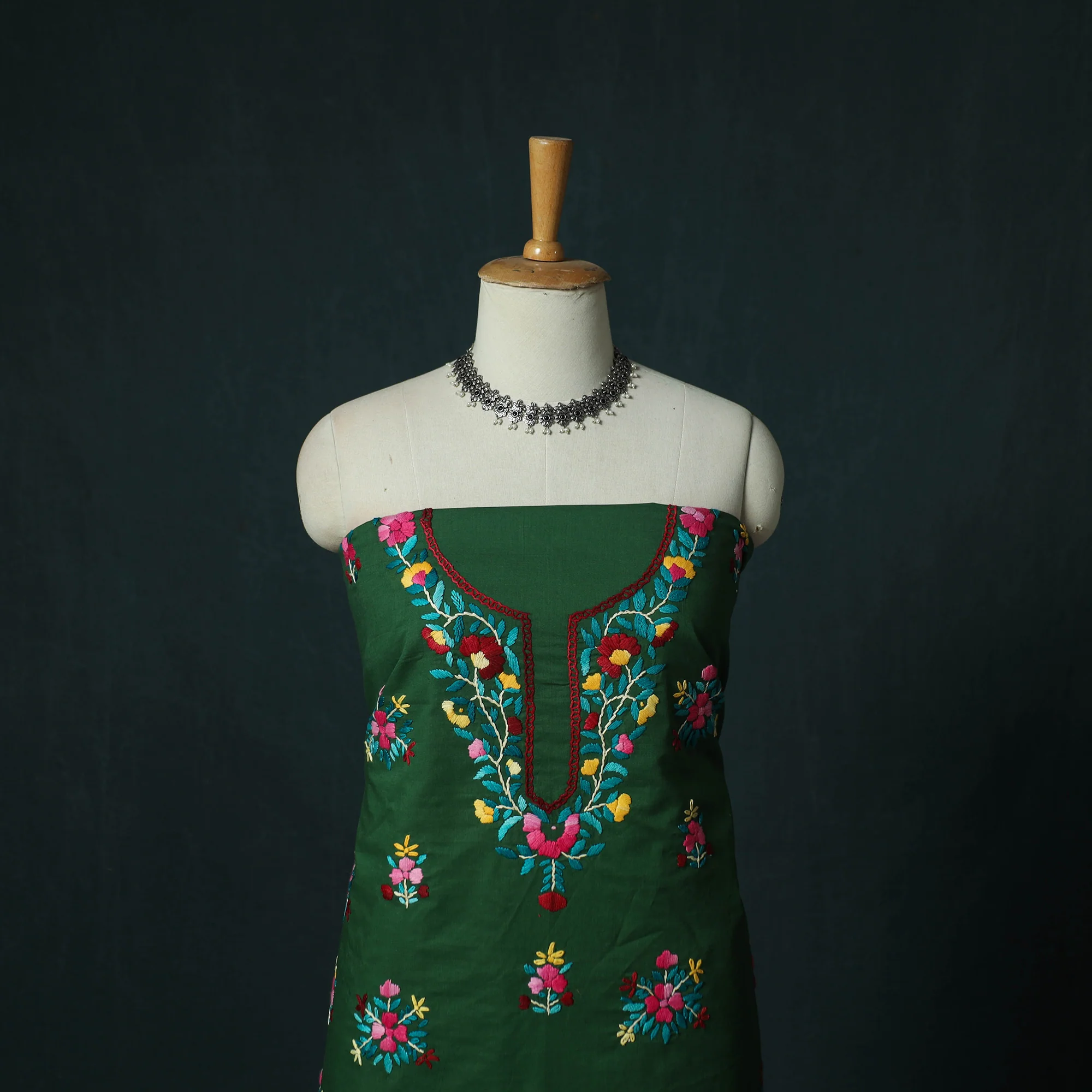 Green - Hand Embroidered Cotton 3pc Unstitched Dress Material 58 - Image 2