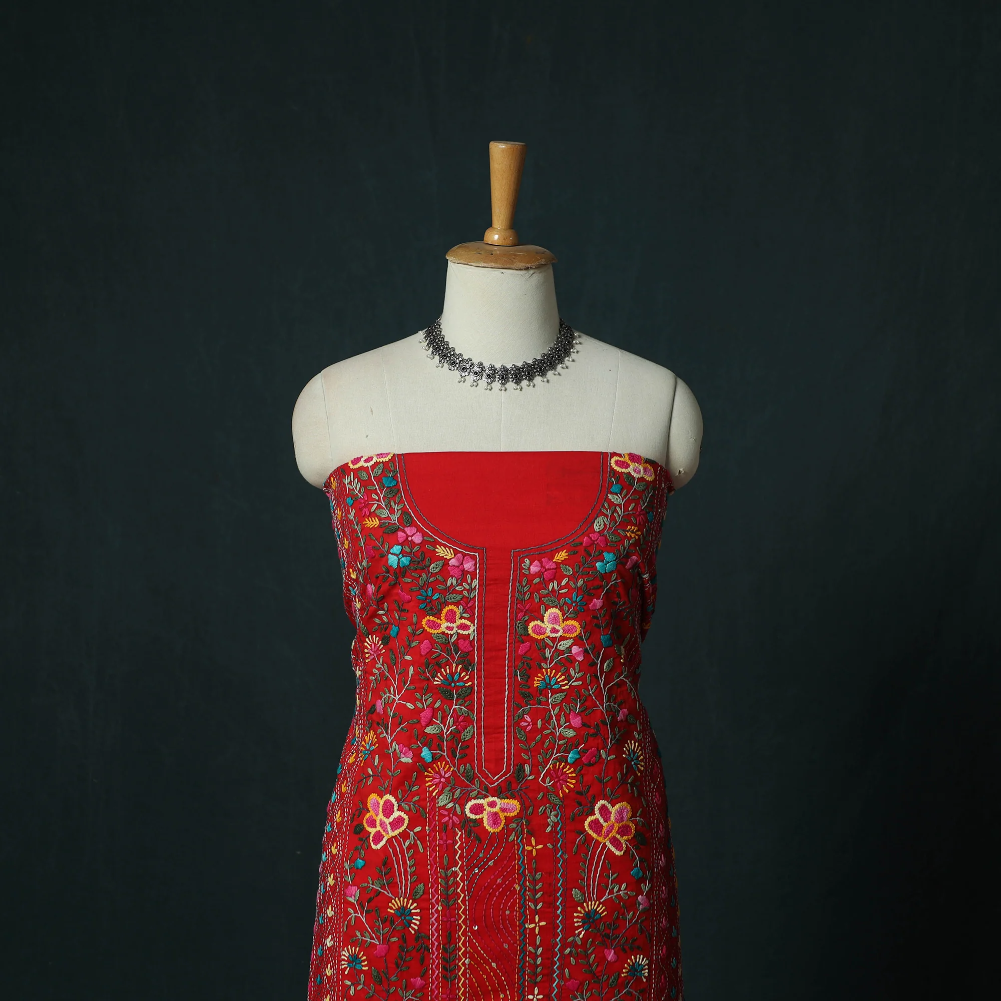 Red - Hand Embroidered Cotton 3pc Unstitched Dress Material 65 - Image 2