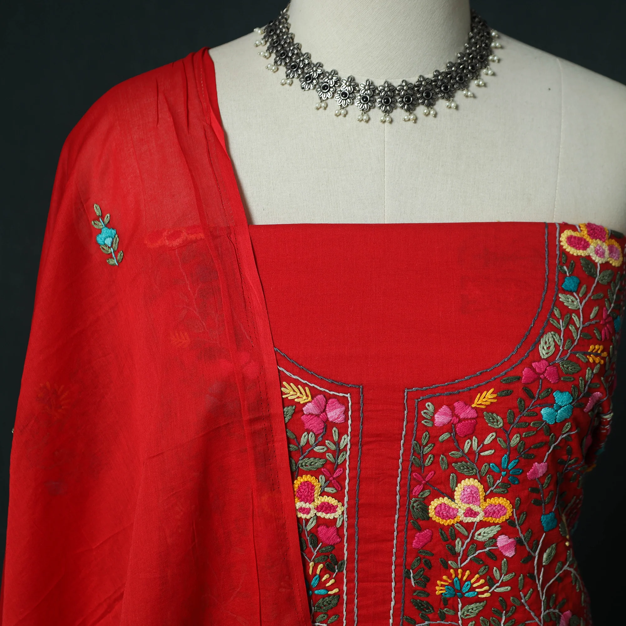 Red - Hand Embroidered Cotton 3pc Unstitched Dress Material 65 - Image 4