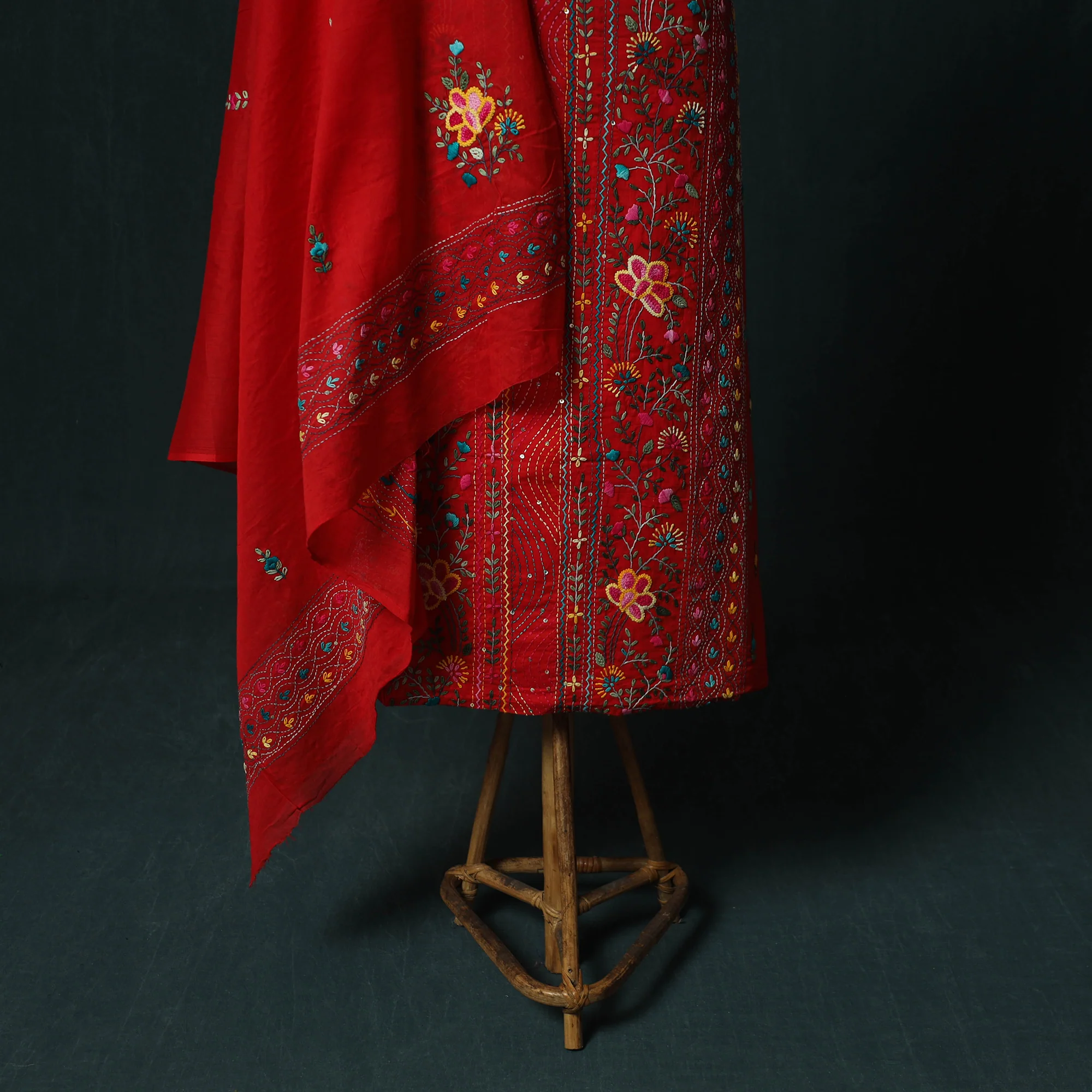 Red - Hand Embroidered Cotton 3pc Unstitched Dress Material 65 - Image 5