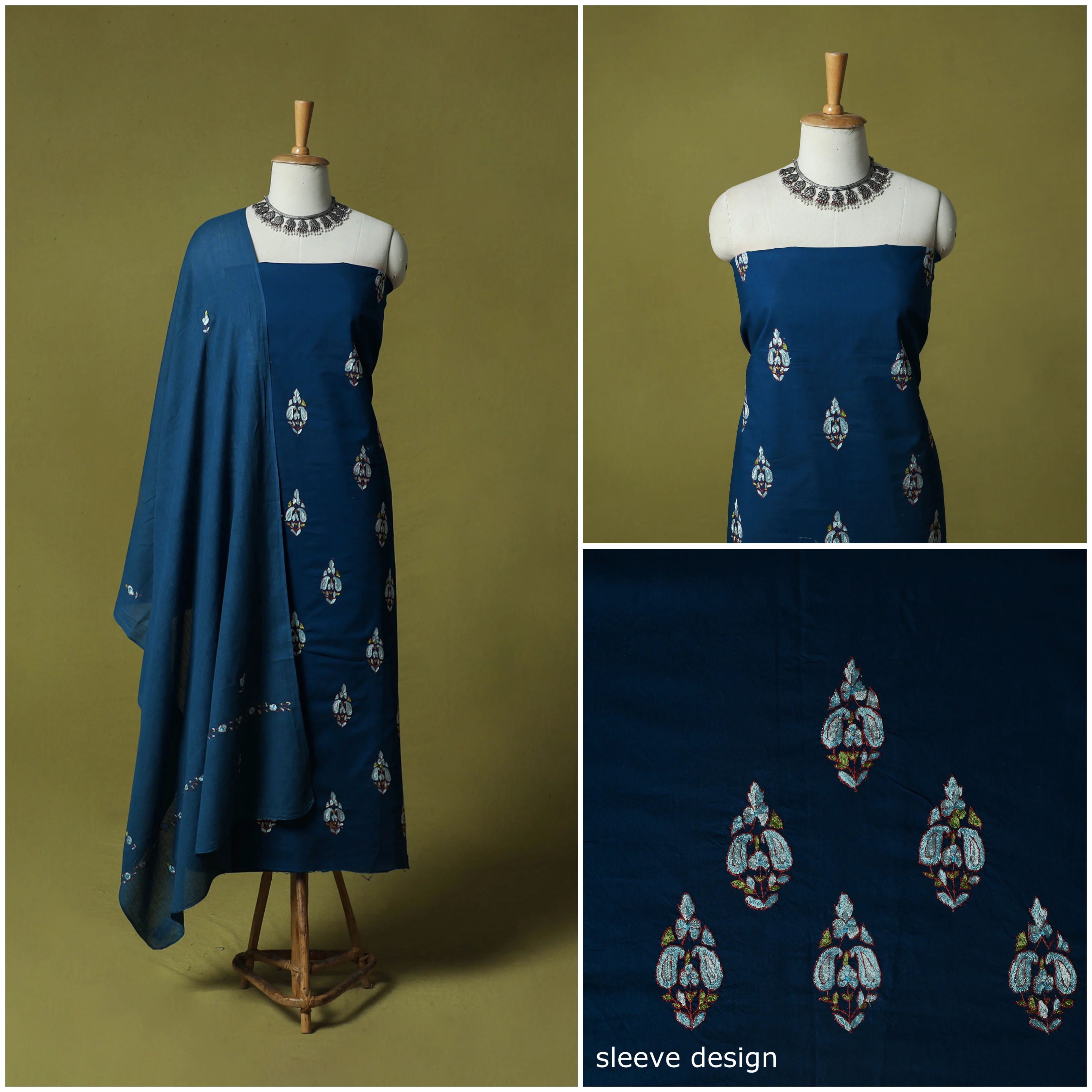 Blue - Hand Embroidered Cotton Kashida 3pc Unstitched Dress Material Suit Set 45 - Image 2