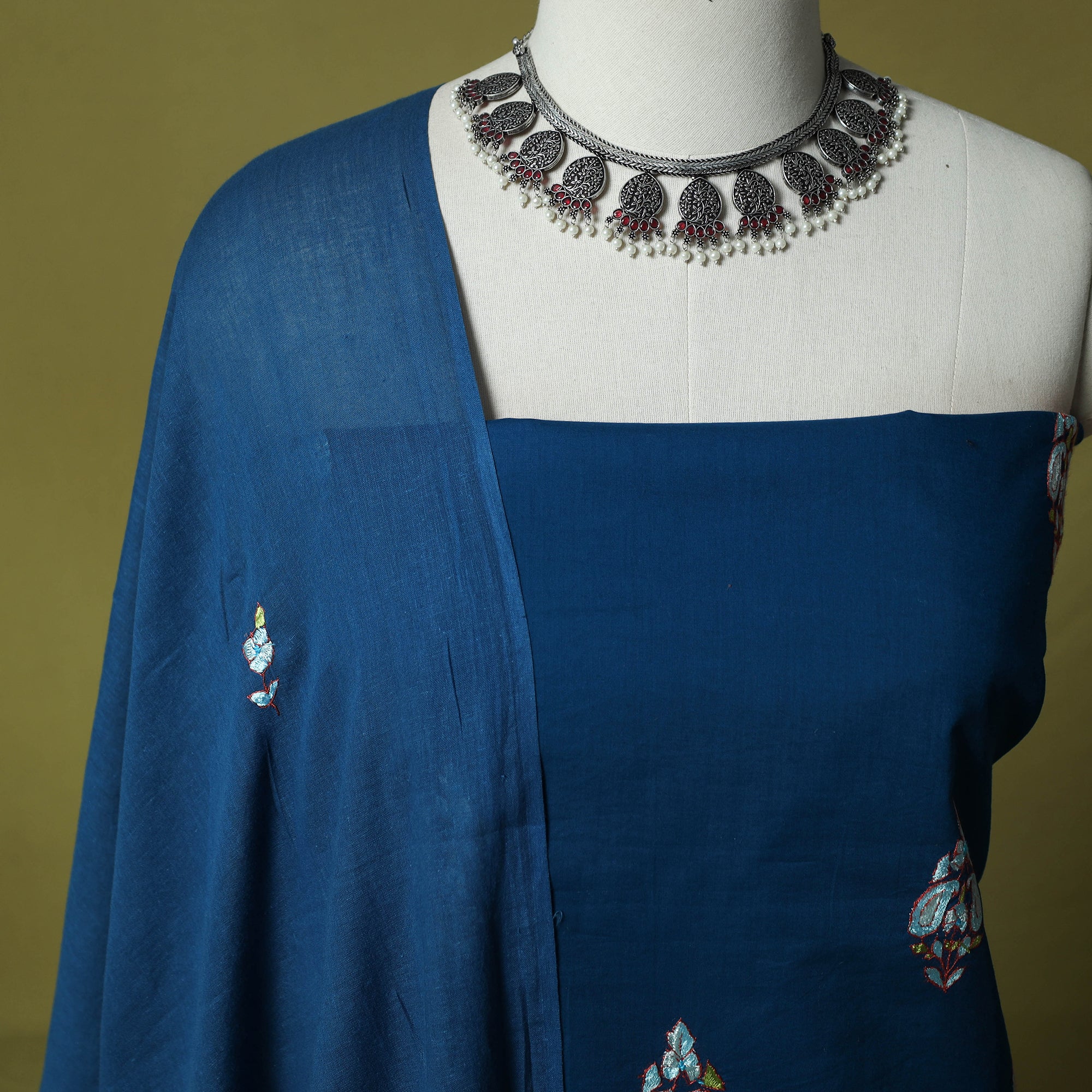 Blue - Hand Embroidered Cotton Kashida 3pc Unstitched Dress Material Suit Set 45 - Image 3