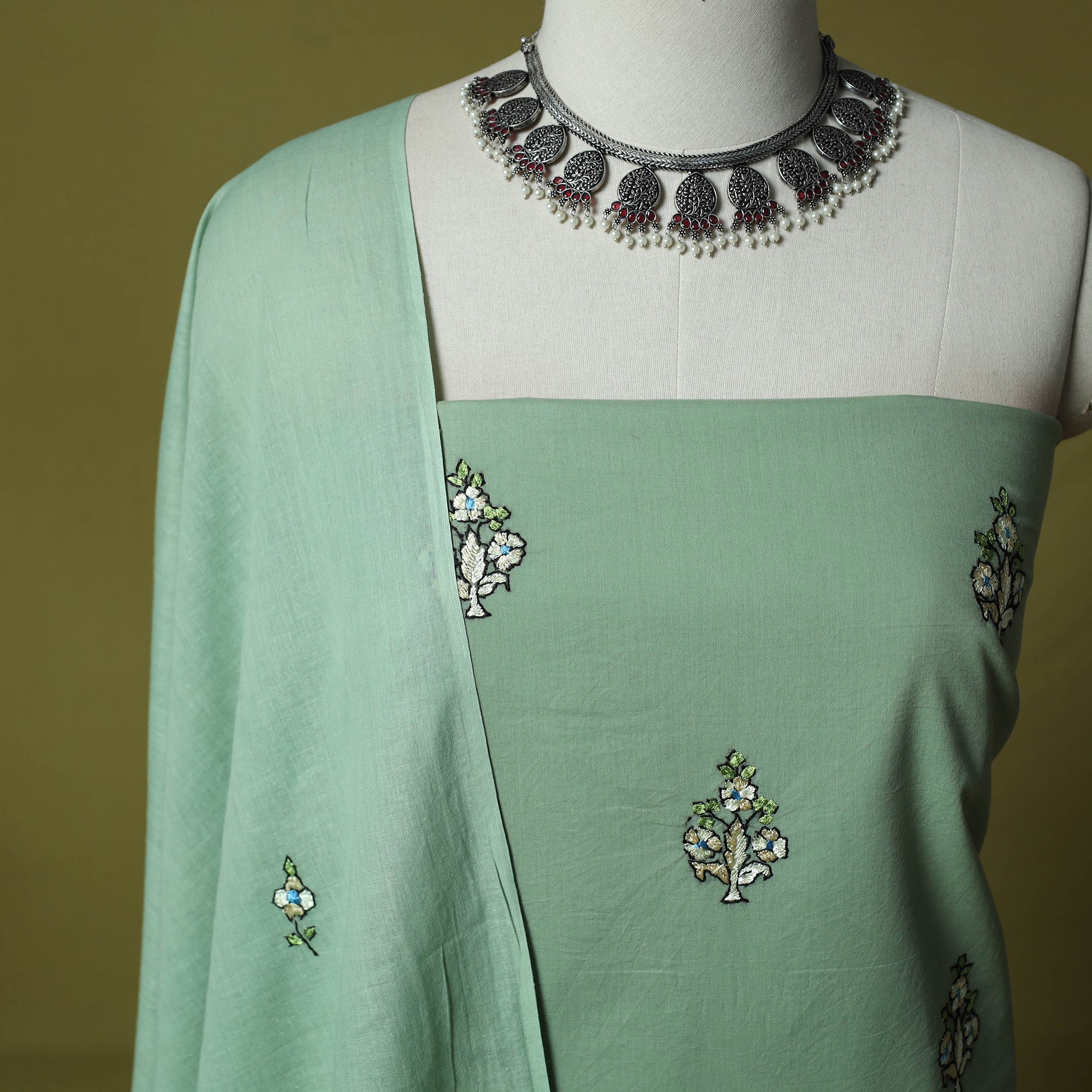 Green - Hand Embroidered Cotton Kashida 3pc Unstitched Dress Material Suit Set 50 - Image 3