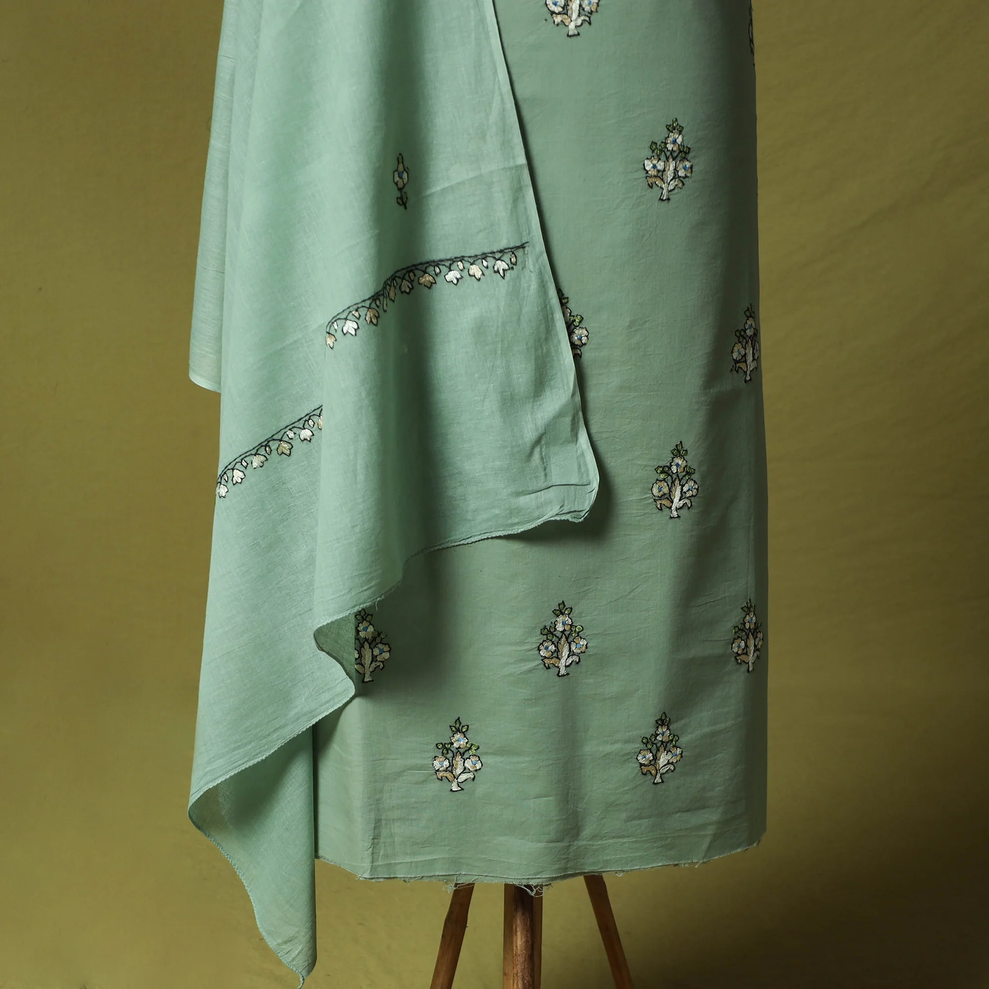 Green - Hand Embroidered Cotton Kashida 3pc Unstitched Dress Material Suit Set 50 - Image 4