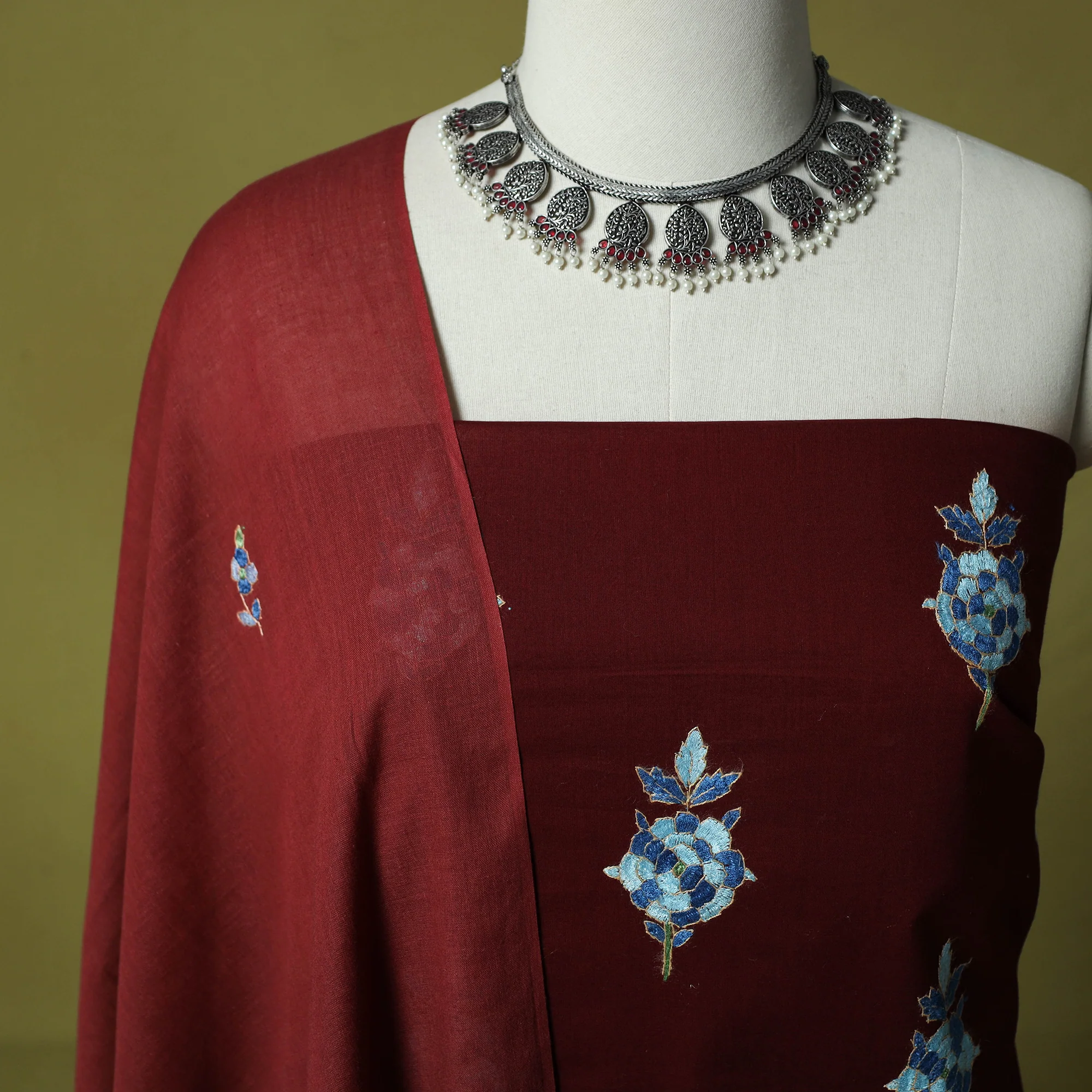 Maroon - Hand Embroidered Cotton Kashida 3pc Unstitched Dress Material Suit Set 51 - Image 3