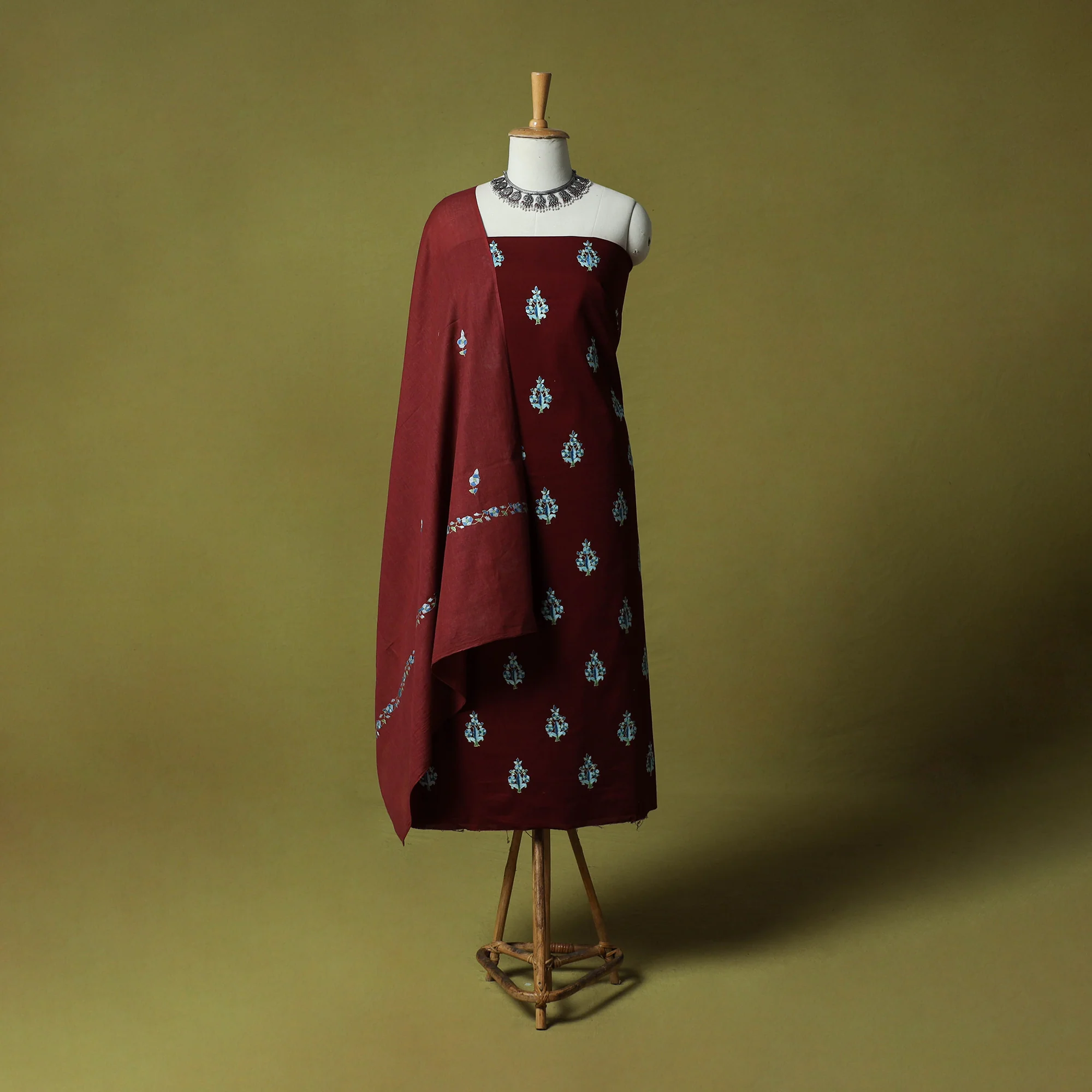 Maroon - Hand Embroidered Cotton Kashida 3pc Unstitched Dress Material Suit Set 56