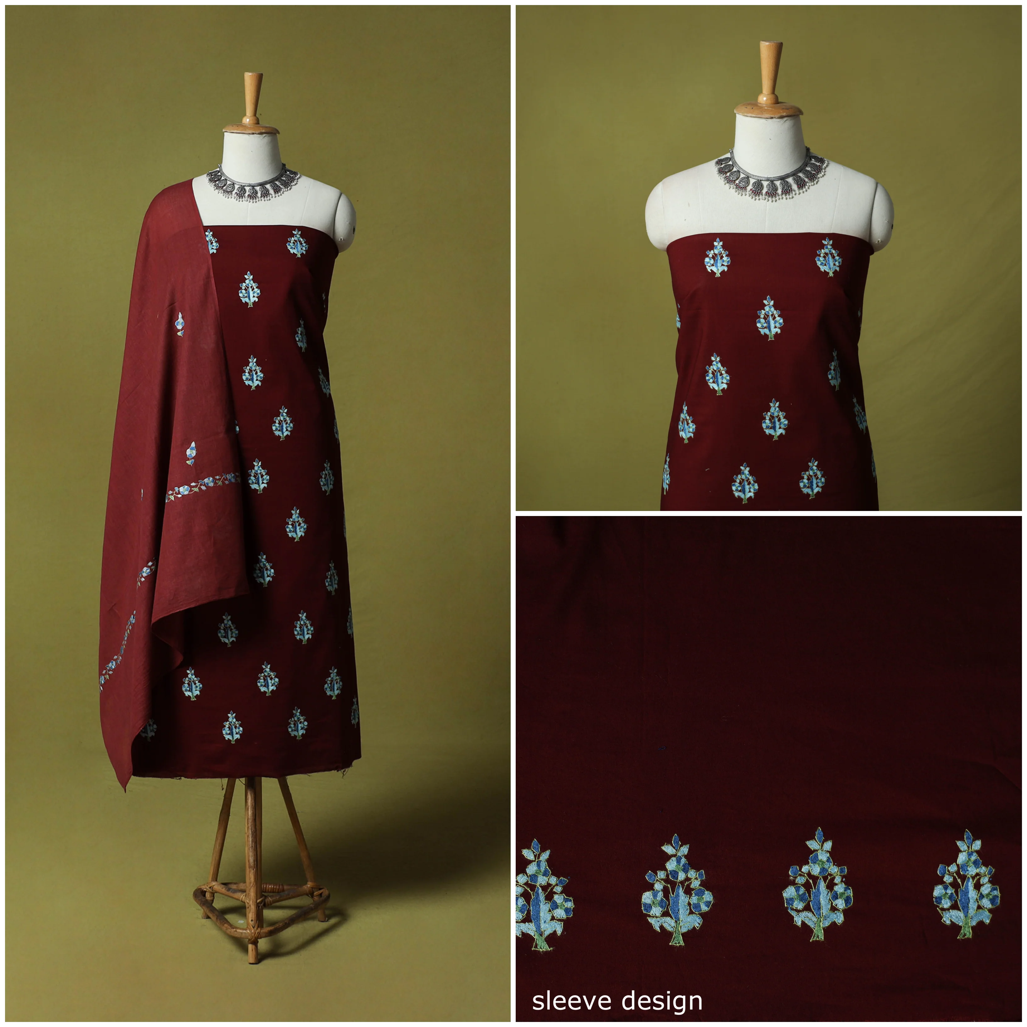 Maroon - Hand Embroidered Cotton Kashida 3pc Unstitched Dress Material Suit Set 56 - Image 2