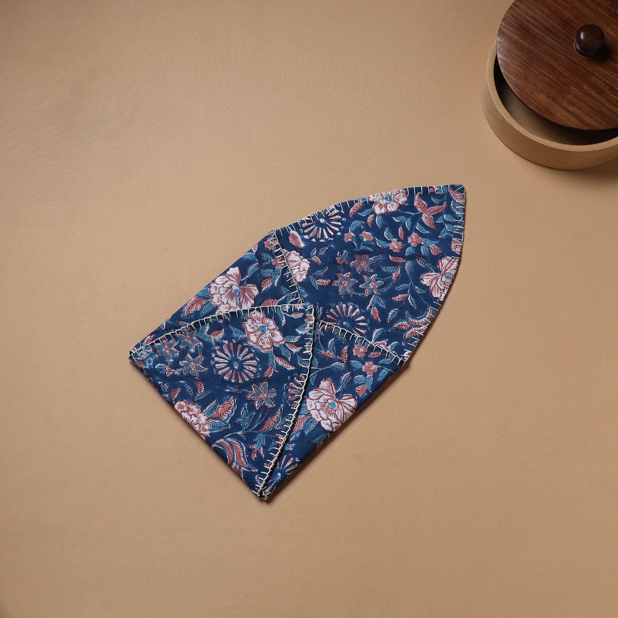 Blue - Hand Embroidered Floral Block Print Cotton Roti Napkin 21 - Image 4