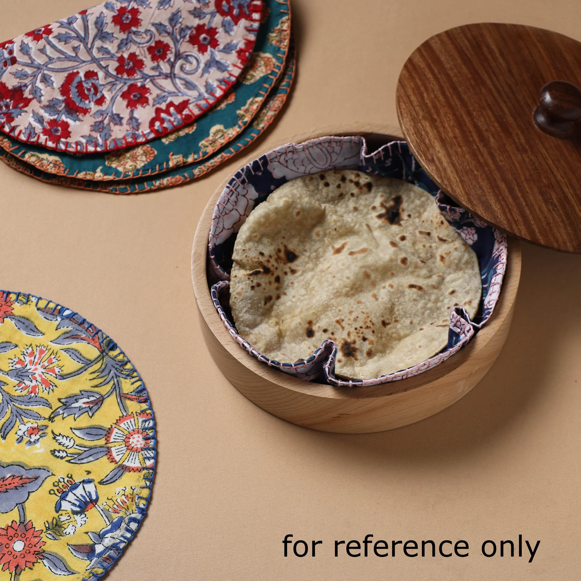 Peach - Hand Embroidered Floral Block Print Cotton Round Roti Napkin 07 - Image 3