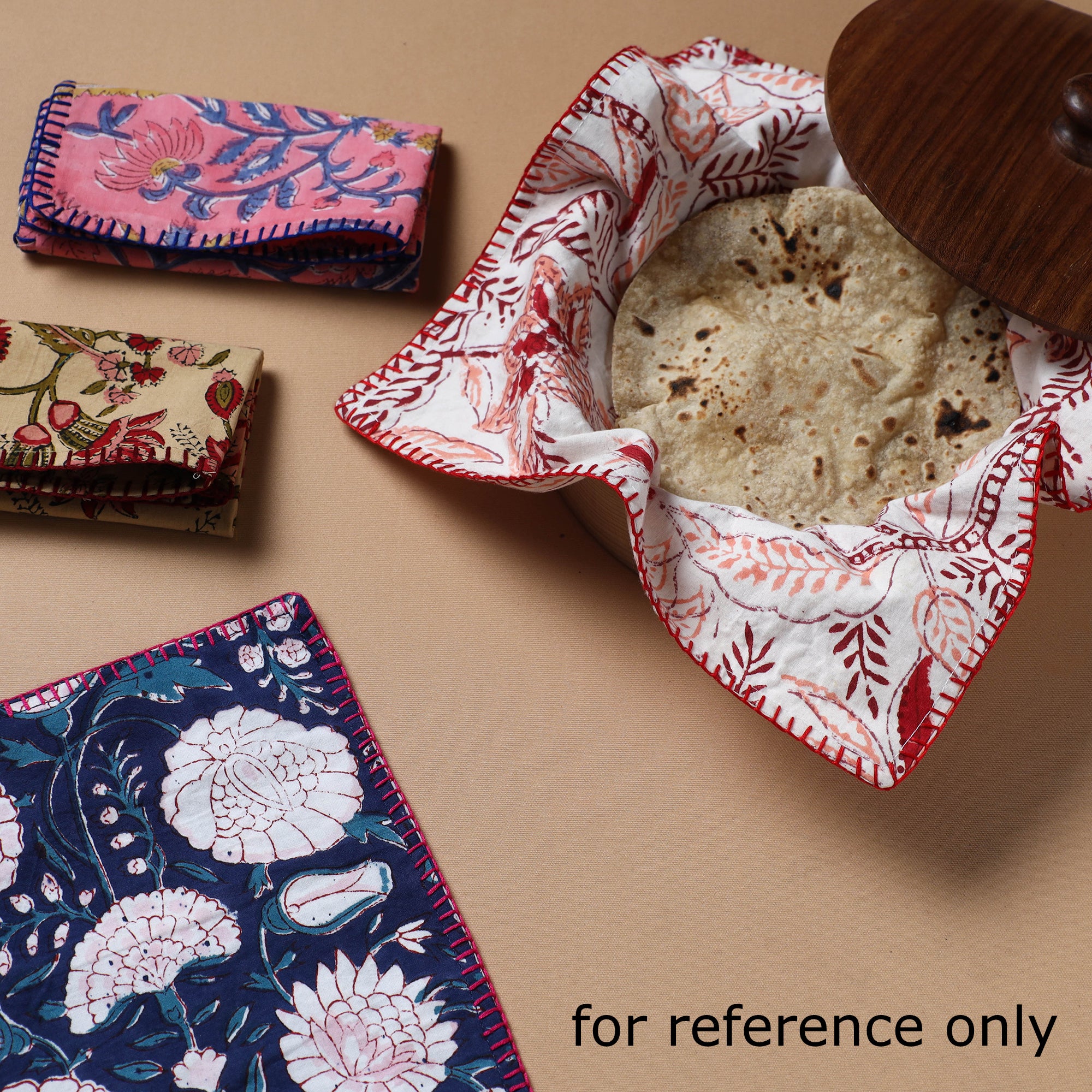 Hand Embroidered Floral Block Print Cotton Square Roti Napkin 38 - Image 3