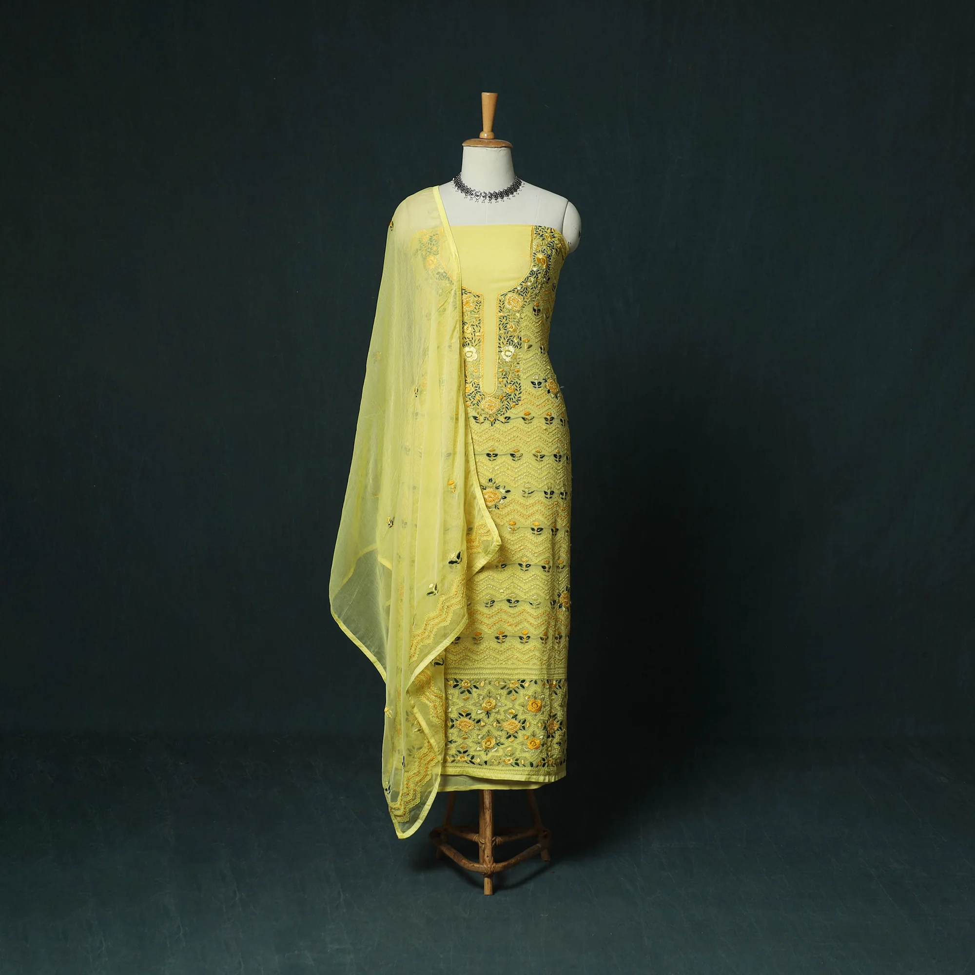 Yellow - Hand Embroidered Georgette 3pc Unstitched Dress Material 14