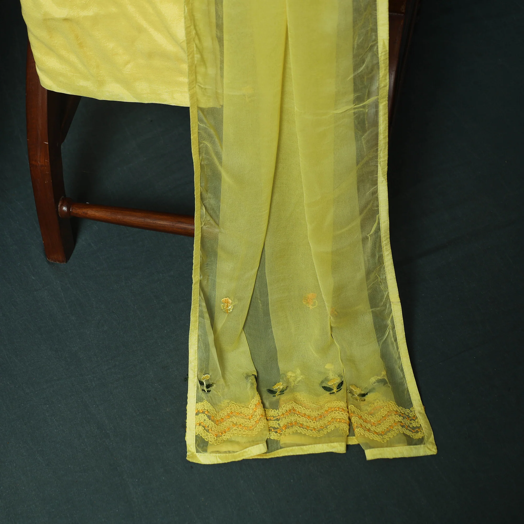 Yellow - Hand Embroidered Georgette 3pc Unstitched Dress Material 14 - Image 5