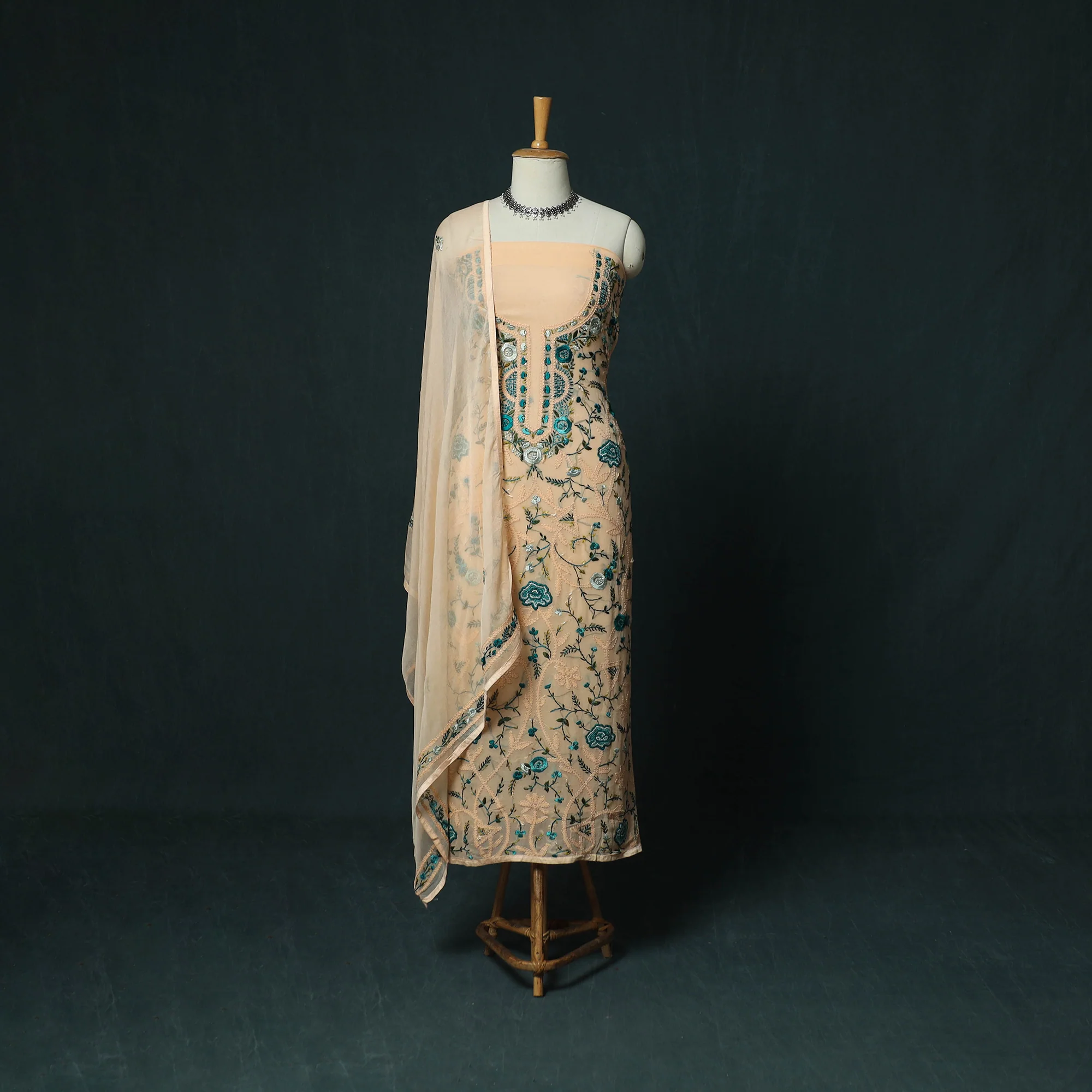 Beige - Hand Embroidered Georgette 3pc Unstitched Dress Material 16