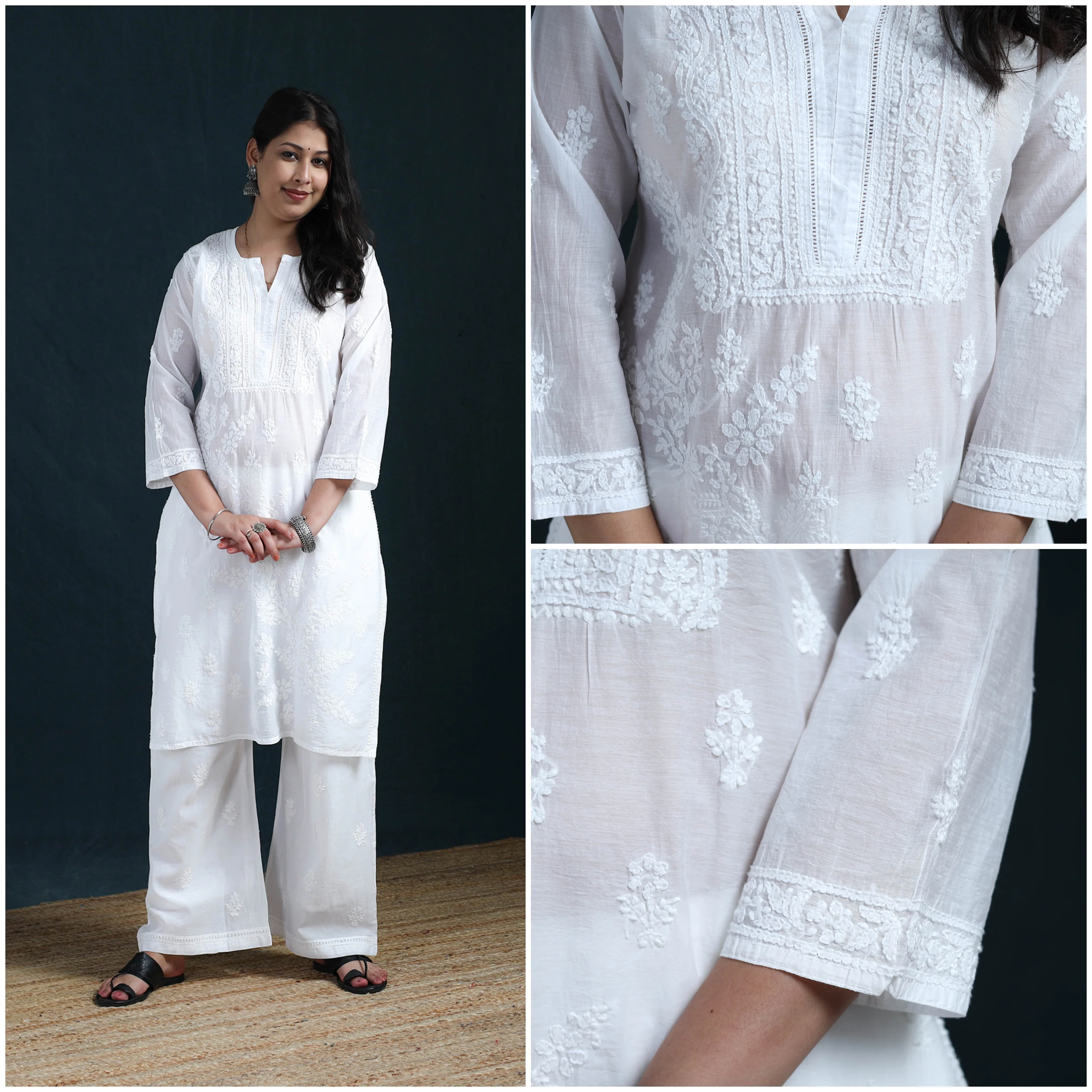 White - Hand Embroidered Mul Chanderi Chikankari Kurta with Palazzo Set for Women 22 - Image 4