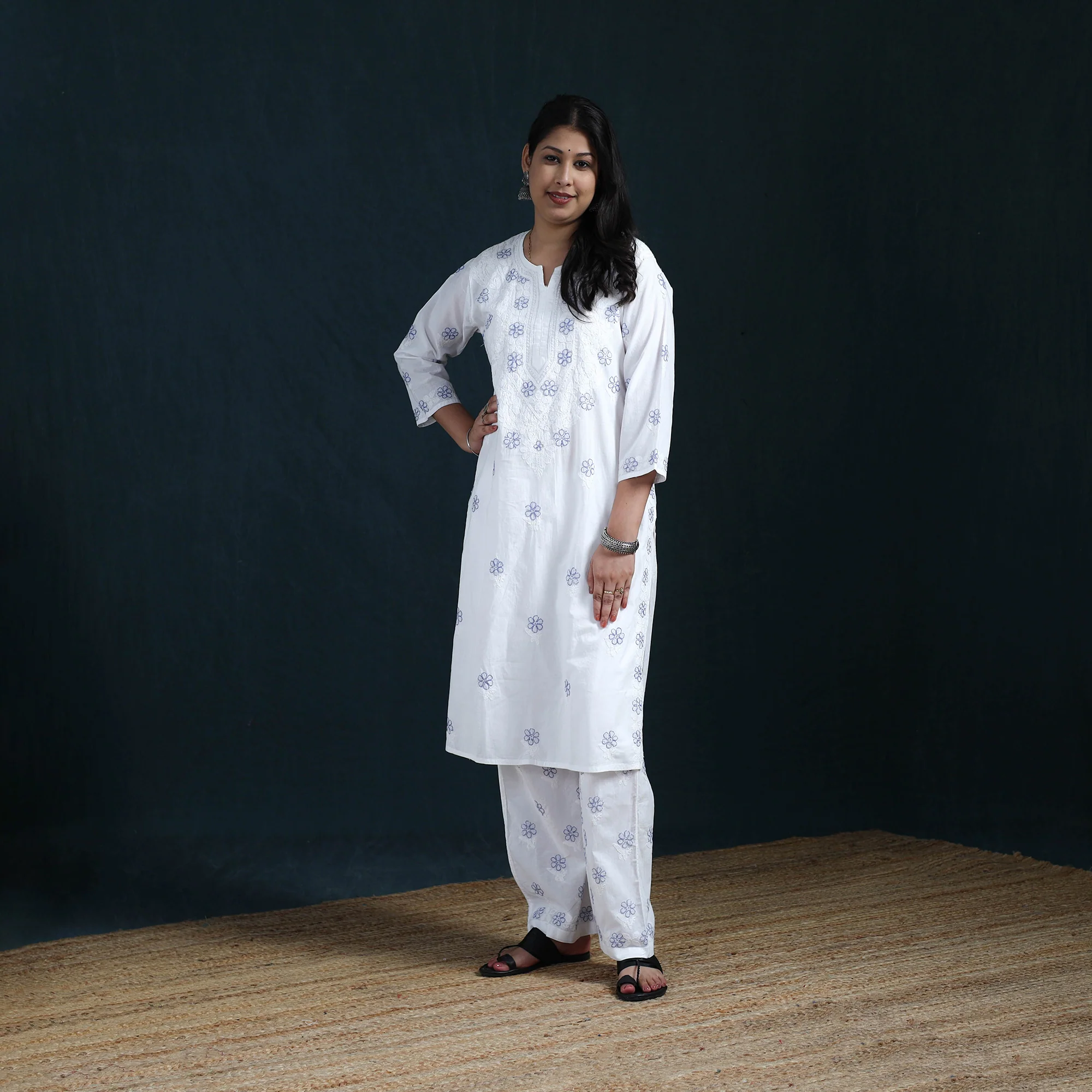 White - Hand Embroidered Mul Cotton Chikankari Kurta with Palazzo Set for Women 32