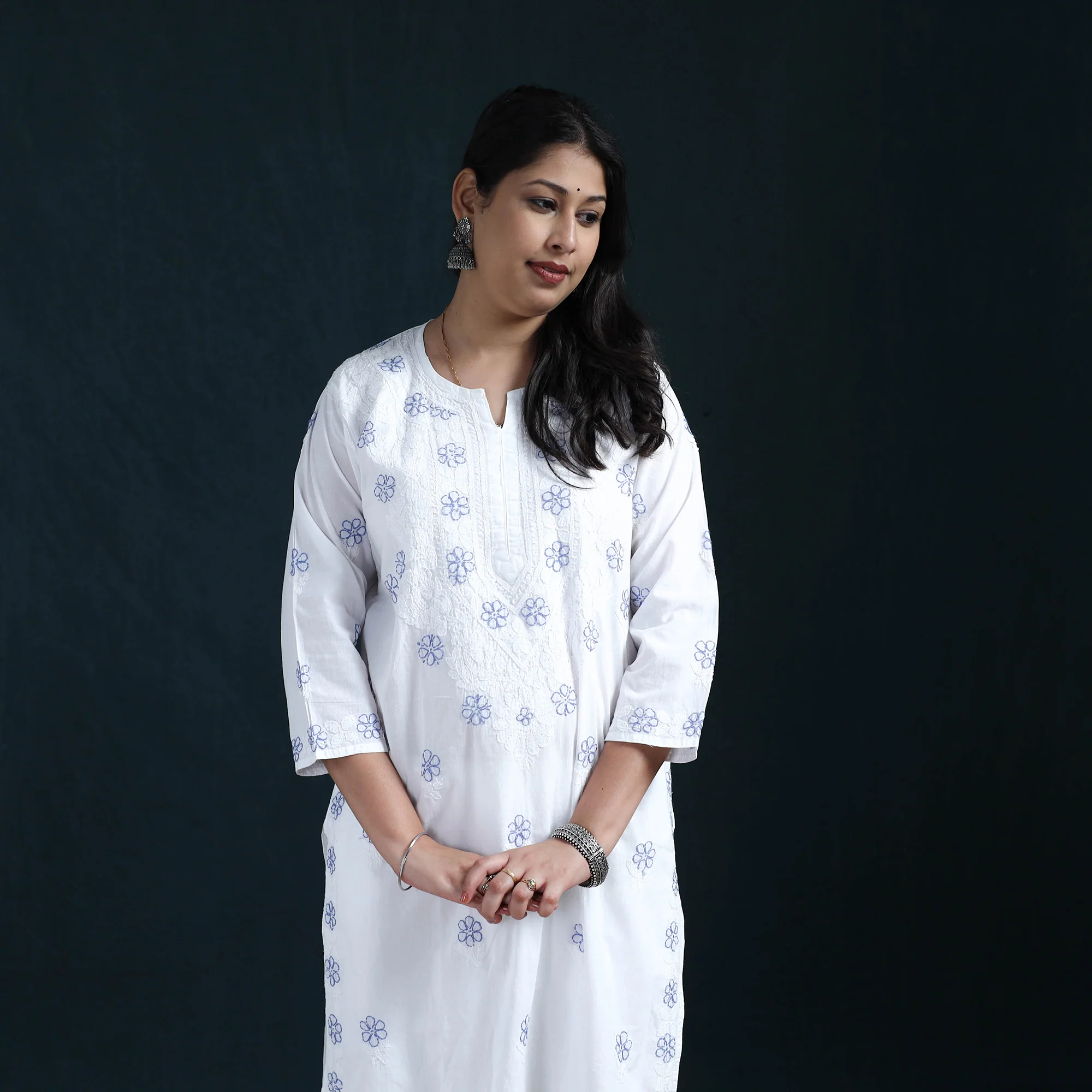 White - Hand Embroidered Mul Cotton Chikankari Kurta with Palazzo Set for Women 32 - Image 3
