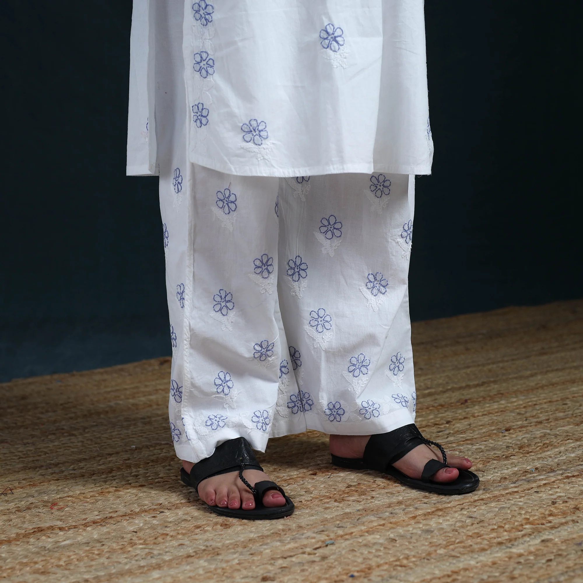 White - Hand Embroidered Mul Cotton Chikankari Kurta with Palazzo Set for Women 32 - Image 5