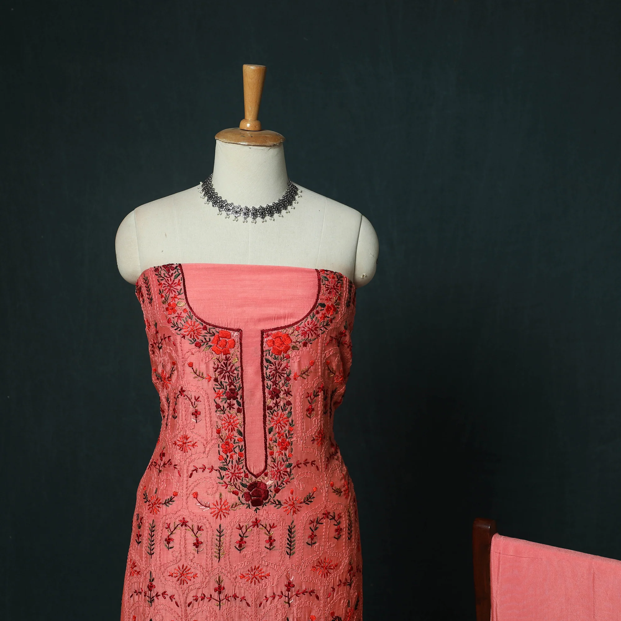 Pink - Hand Embroidered Muslin 3pc Unstitched Dress Material 02 - Image 4