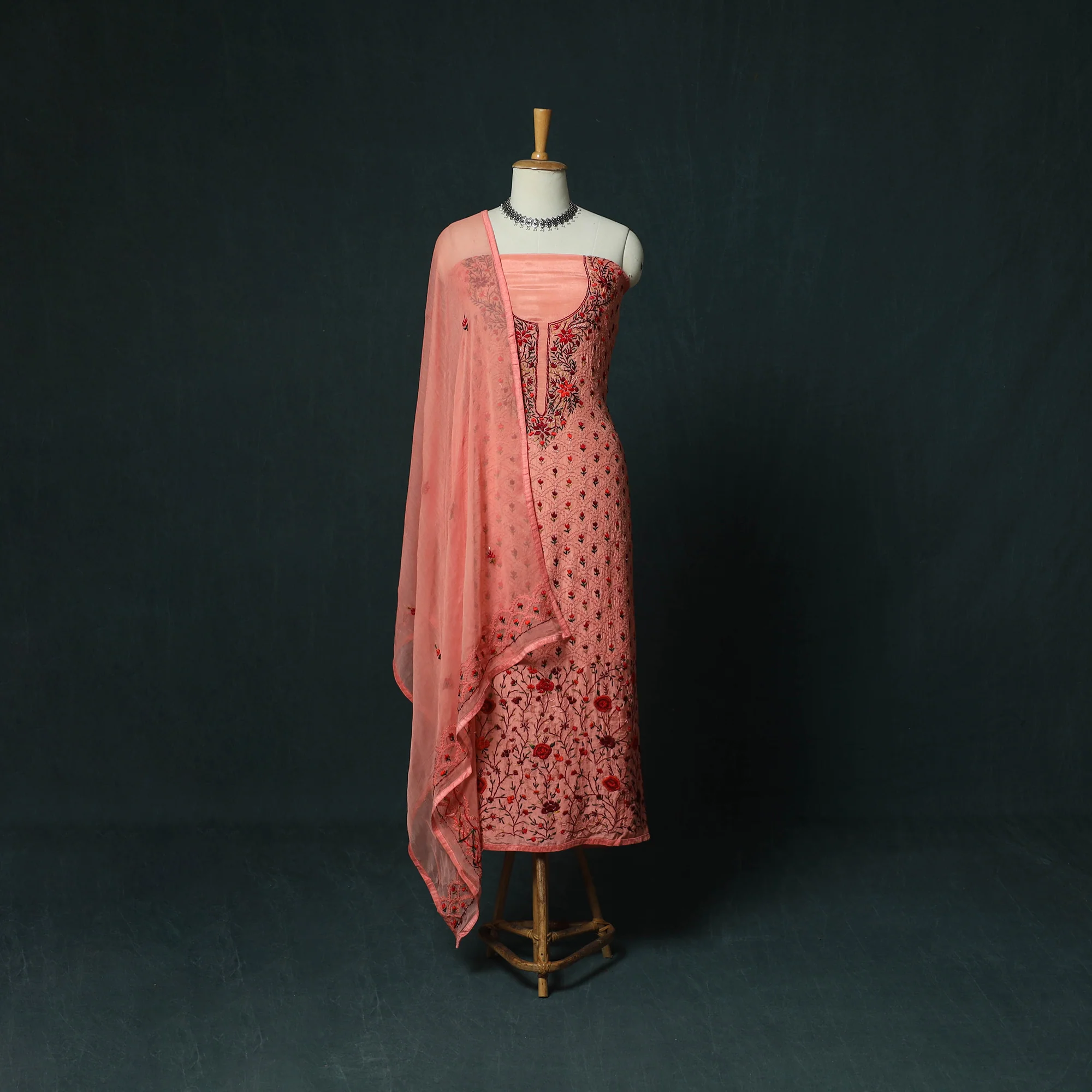 Peach - Hand Embroidered Muslin 3pc Unstitched Dress Material 09