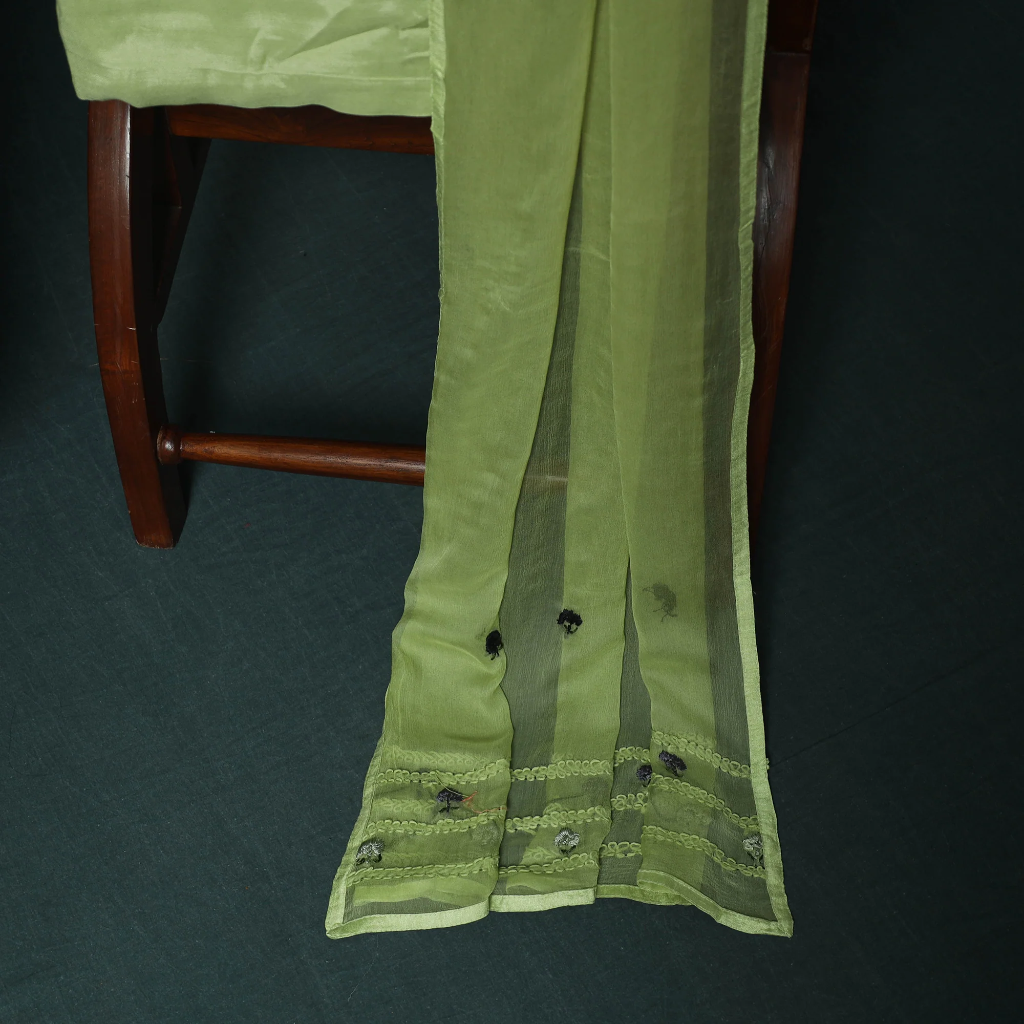 Green - Hand Embroidered Muslin 3pc Unstitched Dress Material 10 - Image 5