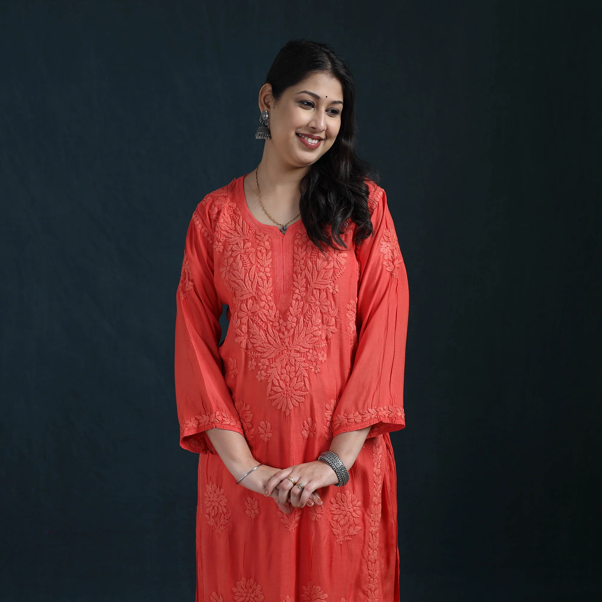 Red - Hand Embroidered Muslin Chikankari Kurta with Pant Set for Women 24 - Image 3