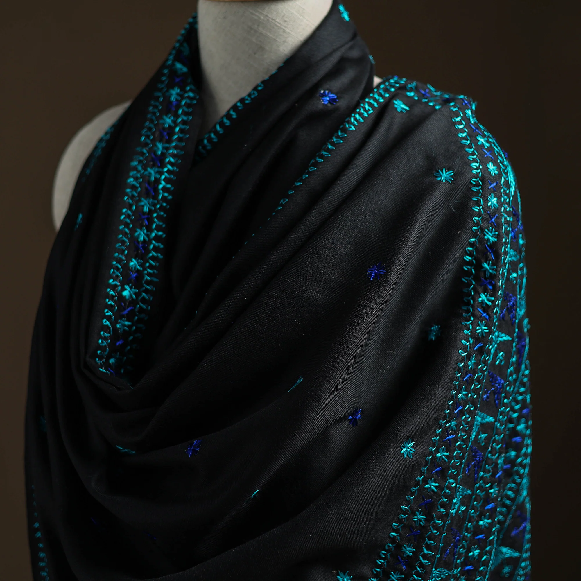 Black - Hand Embroidered Phulkari Wool Shawl 02 - Image 2