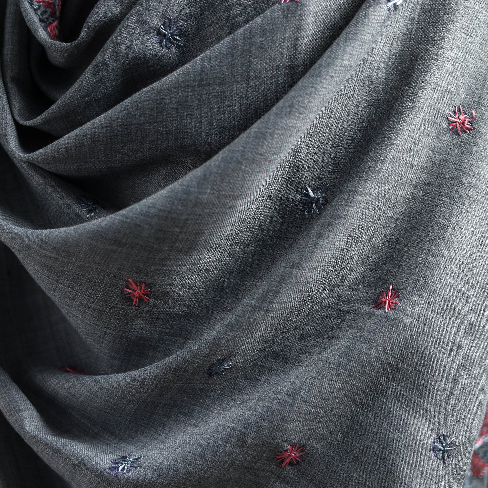 Grey - Hand Embroidered Phulkari Wool Shawl 12 - Image 3