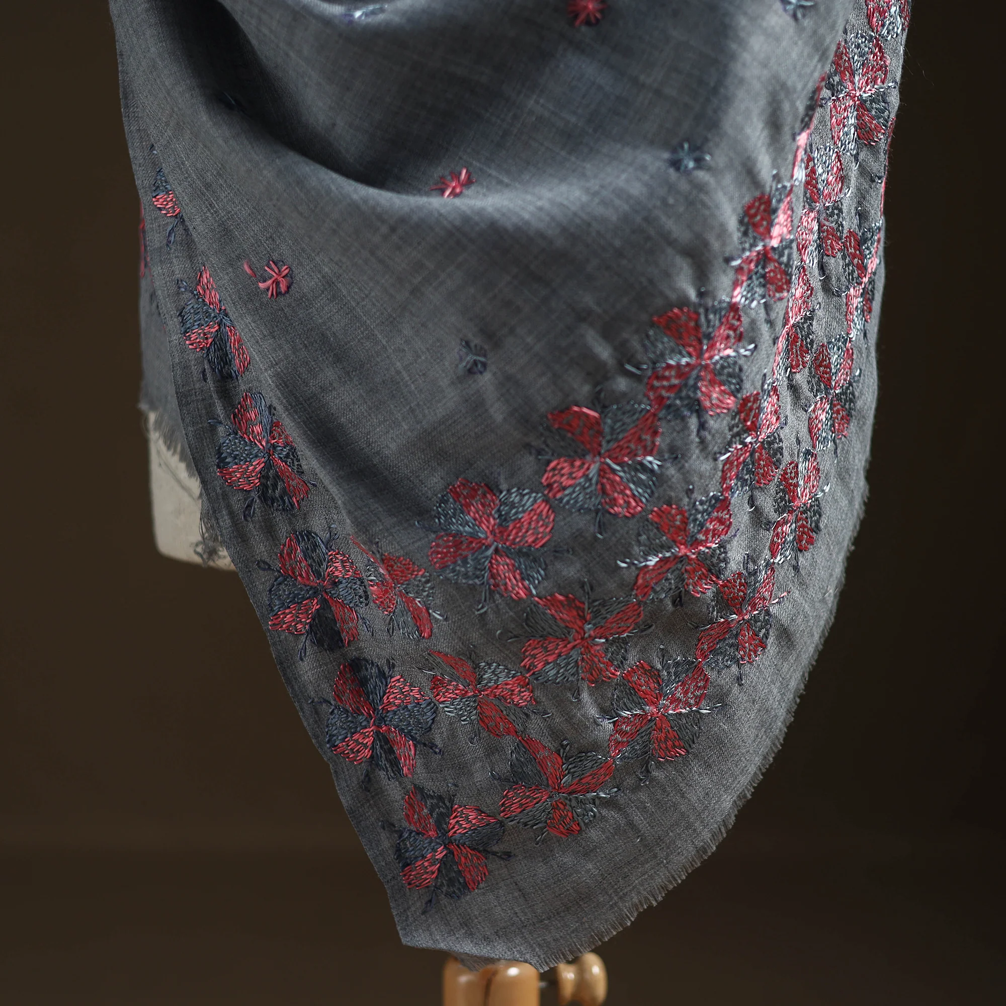 Grey - Hand Embroidered Phulkari Wool Shawl 12 - Image 4