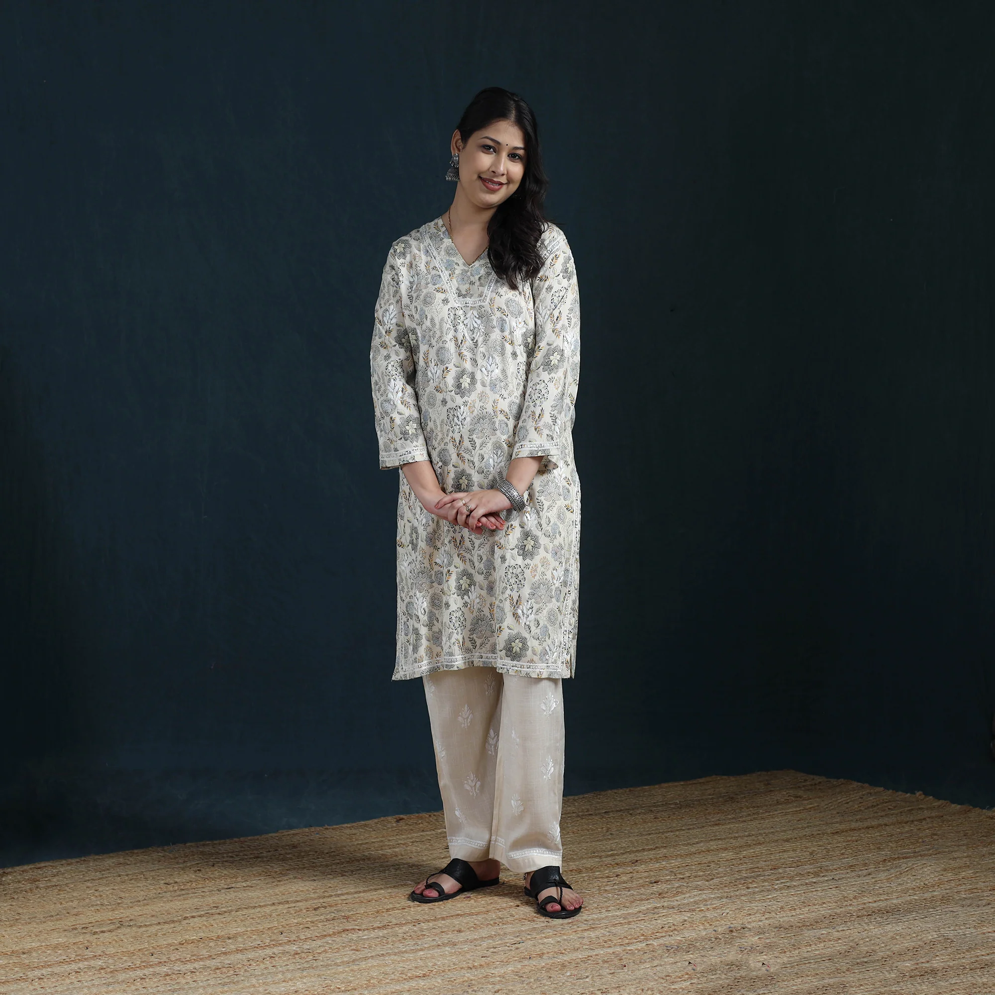 Beige - Hand Embroidered Printed Cotton Chikankari Kurta with Pant Set for Women 29 - Image 2