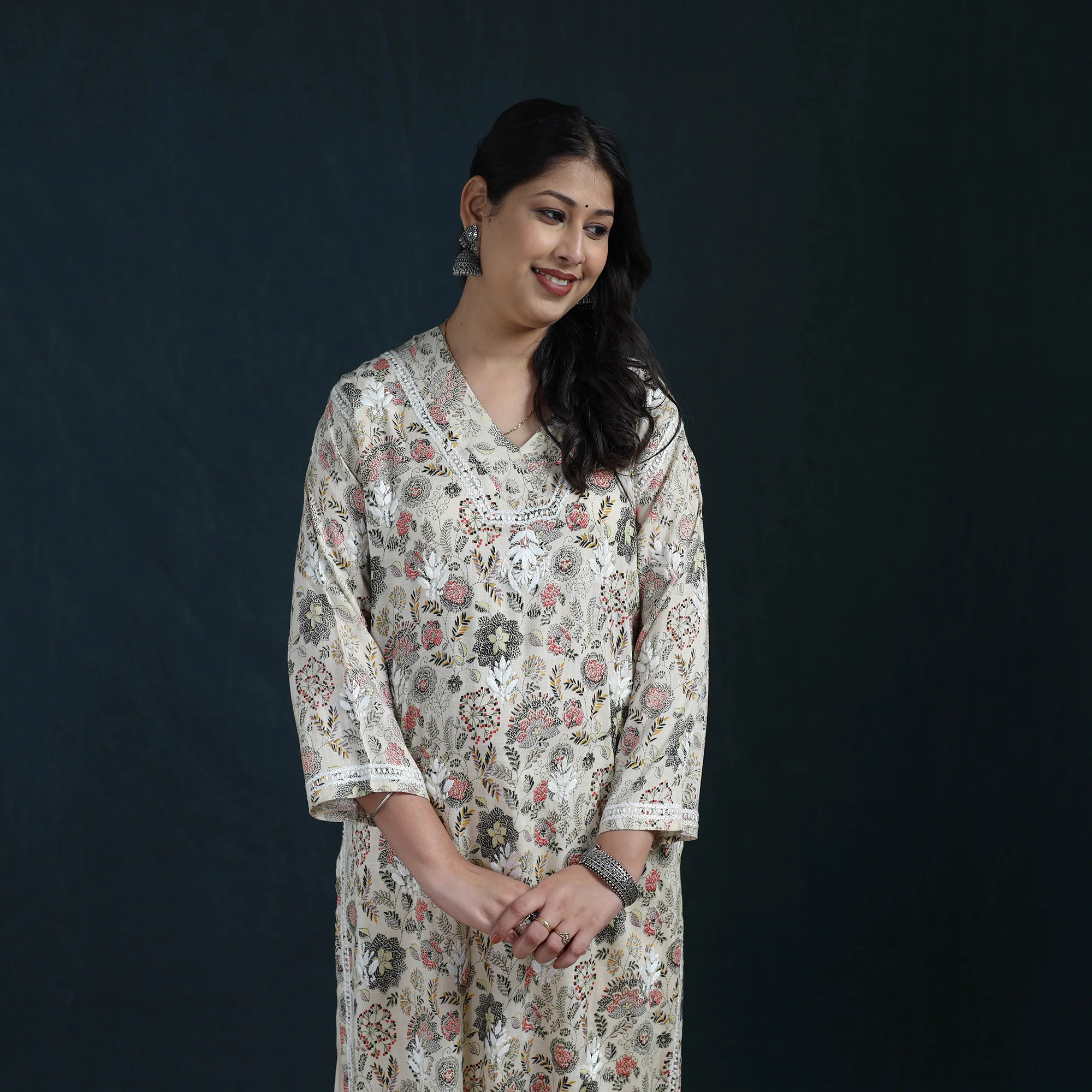 Beige - Hand Embroidered Printed Cotton Chikankari Kurta with Pant Set for Women 30 - Image 3