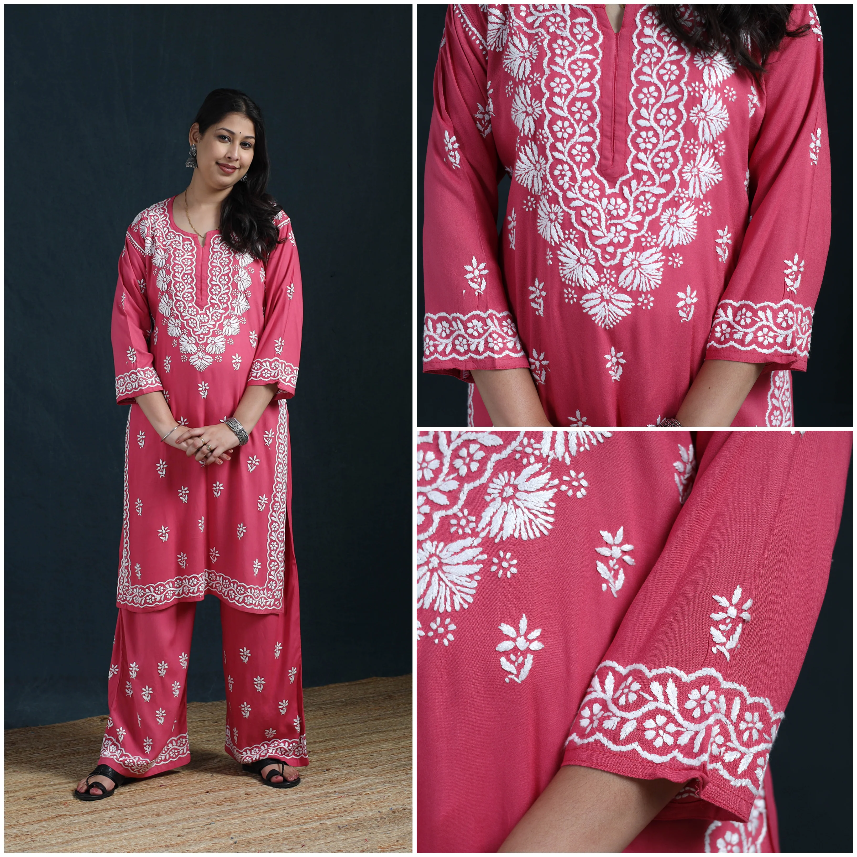 Pink - Hand Embroidered Rayon Chikankari Kurta with Palazzo Set for Women 11 - Image 4