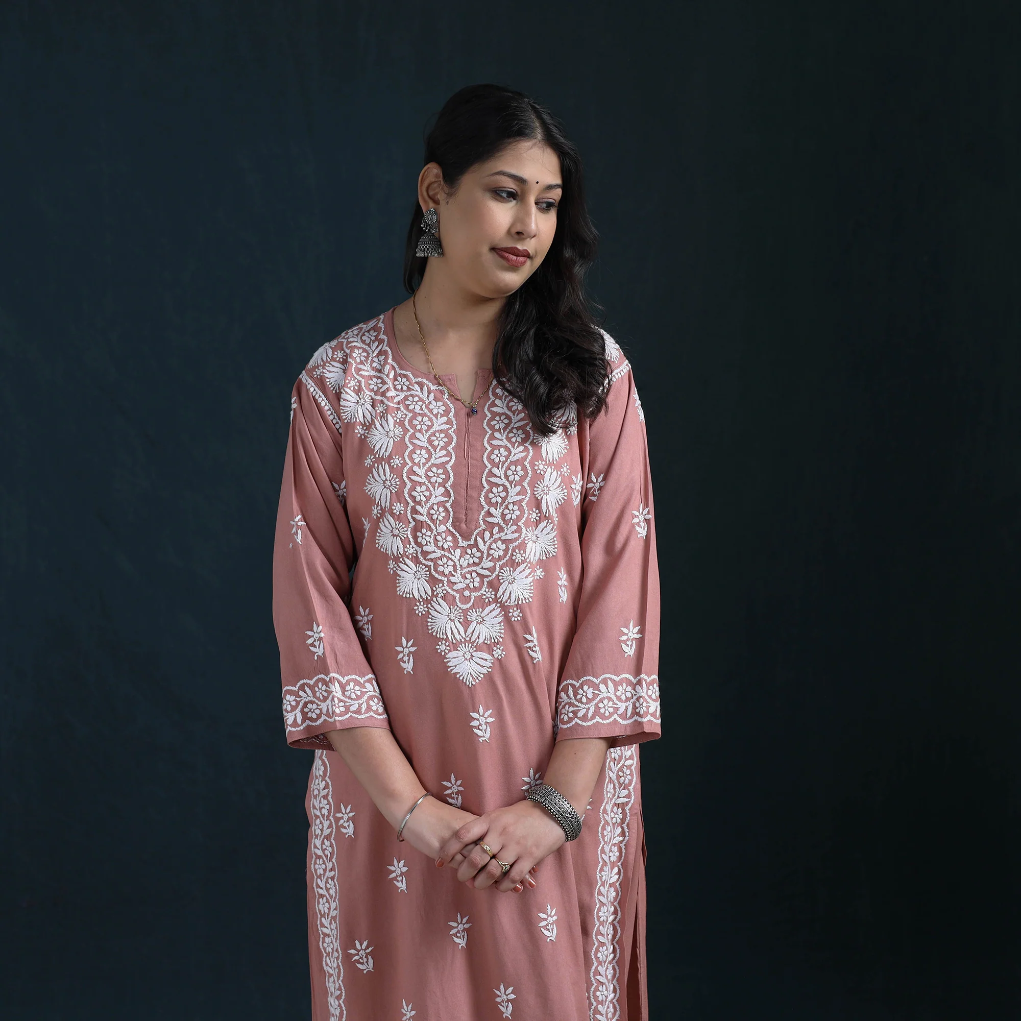 Peach - Hand Embroidered Rayon Chikankari Kurta with Palazzo Set for Women 12 - Image 3