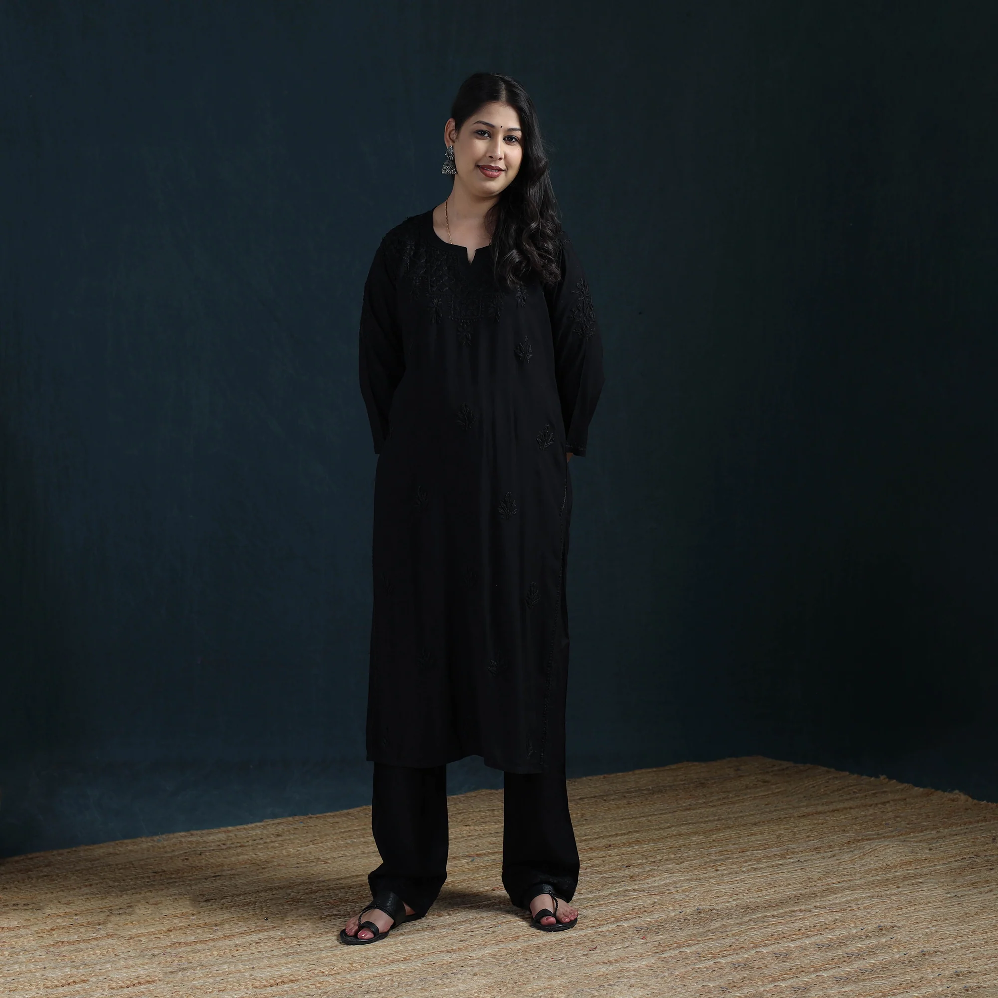 Black - Hand Embroidered Rayon Chikankari Kurta with Pant Set for Women 01