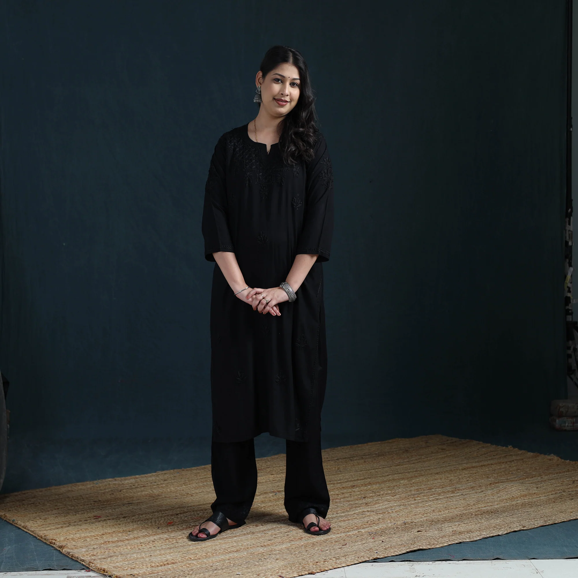 Black - Hand Embroidered Rayon Chikankari Kurta with Pant Set for Women 01 - Image 2