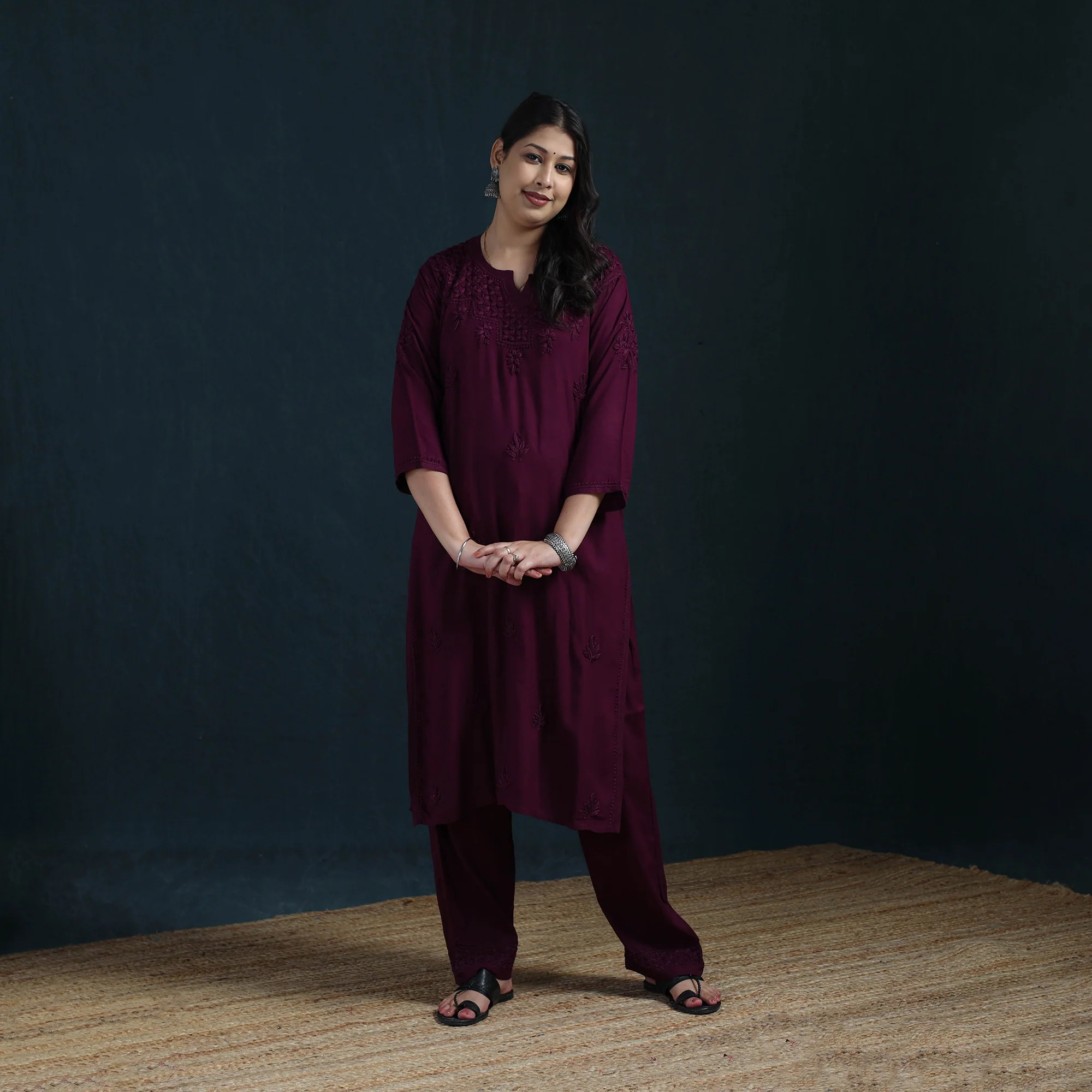 Purple - Hand Embroidered Rayon Chikankari Kurta with Pant Set for Women 02