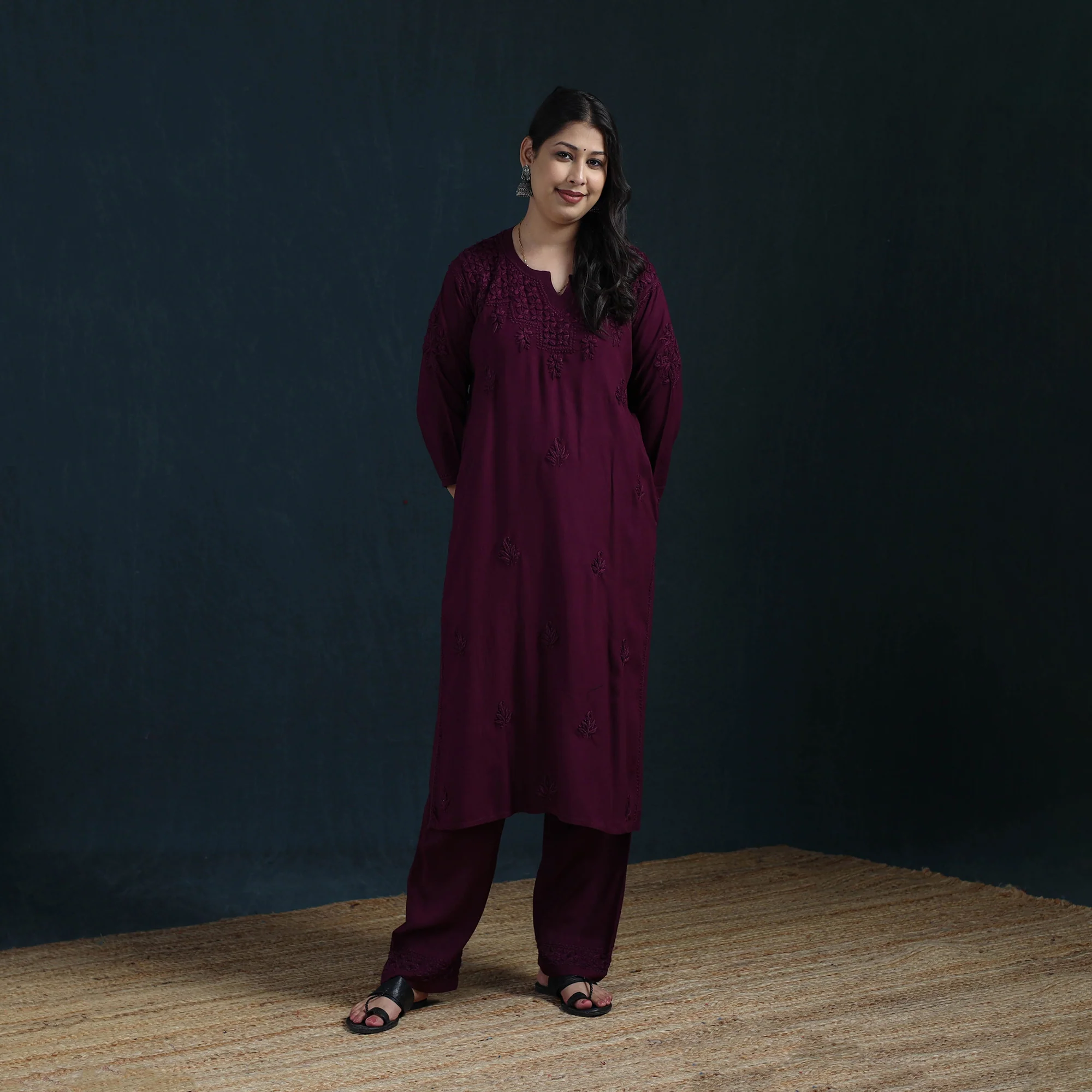 Purple - Hand Embroidered Rayon Chikankari Kurta with Pant Set for Women 02 - Image 2