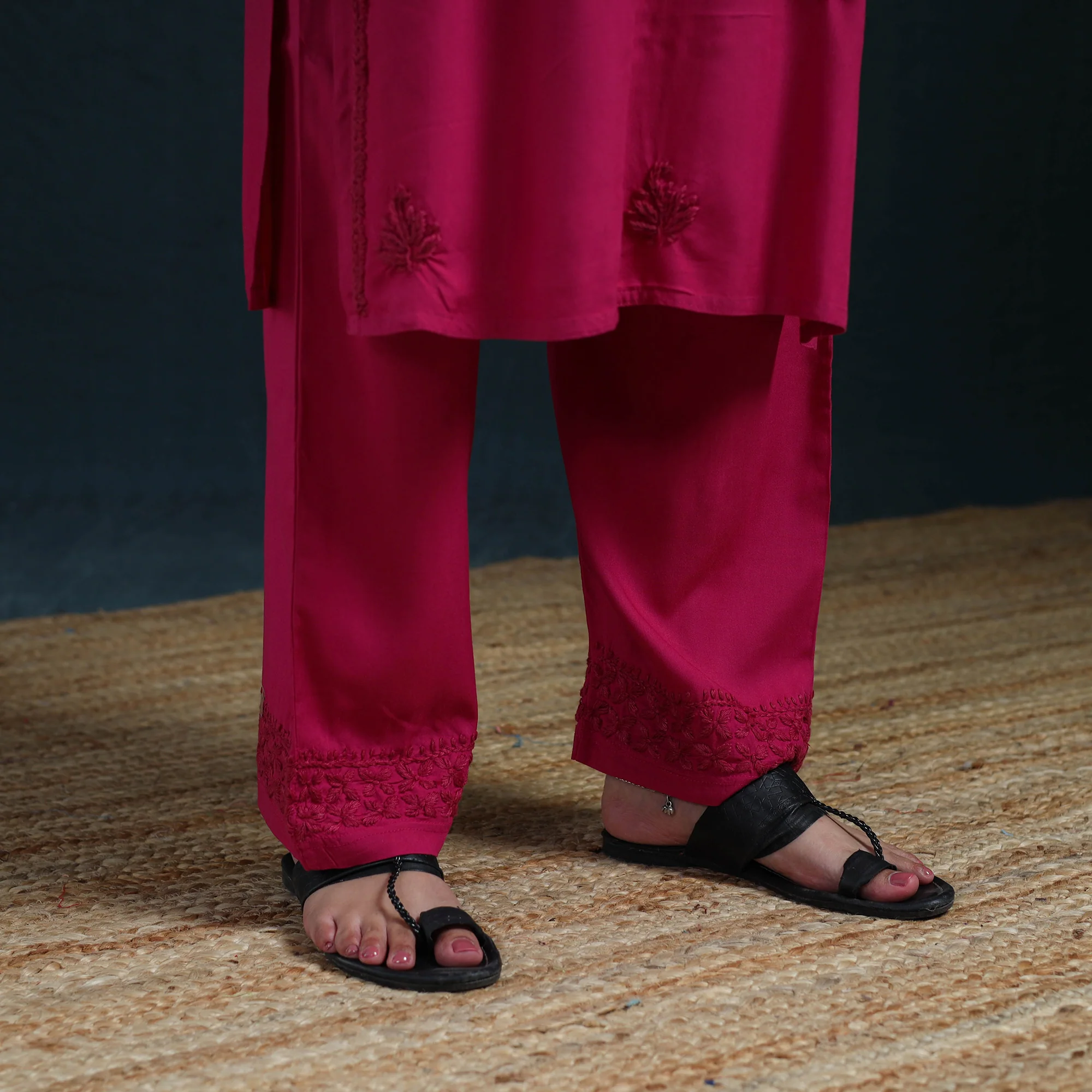 Pink - Hand Embroidered Rayon Chikankari Kurta with Pant Set for Women 03 - Image 5