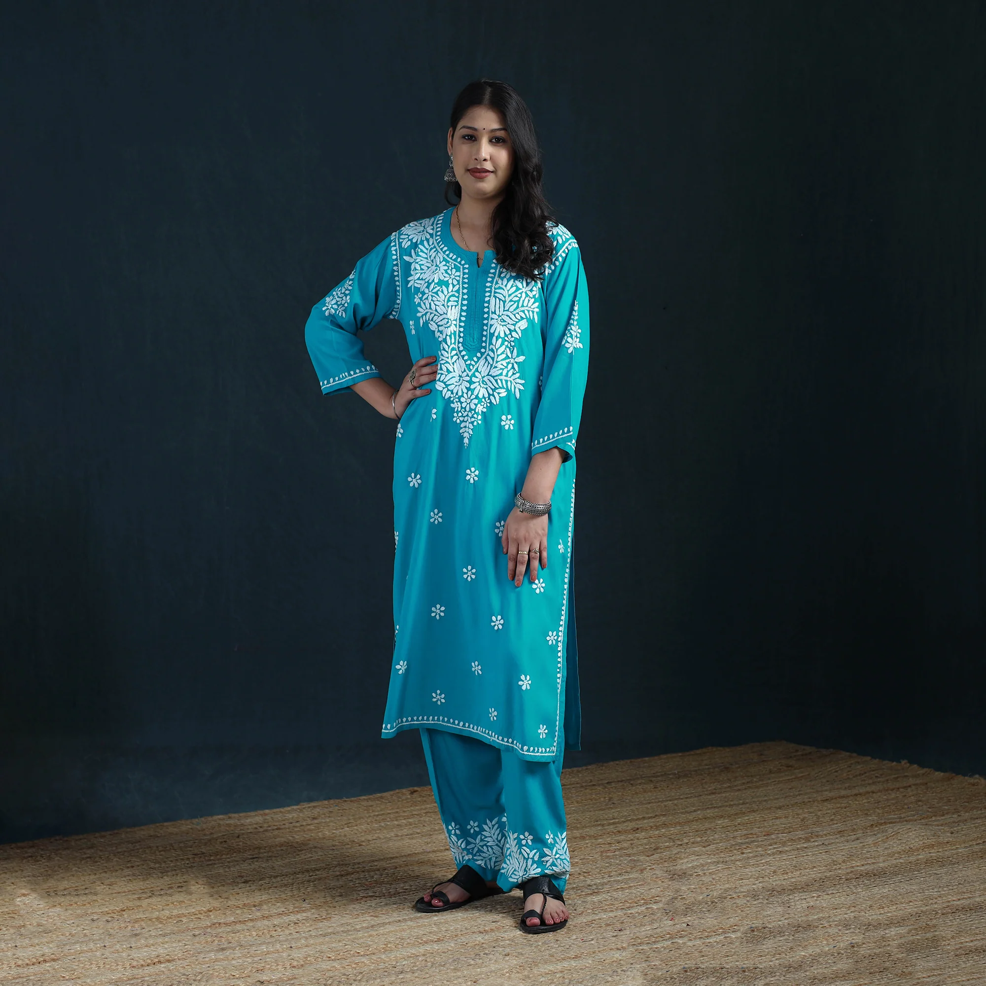 Blue - Hand Embroidered Rayon Chikankari Kurta with Pant Set for Women 08