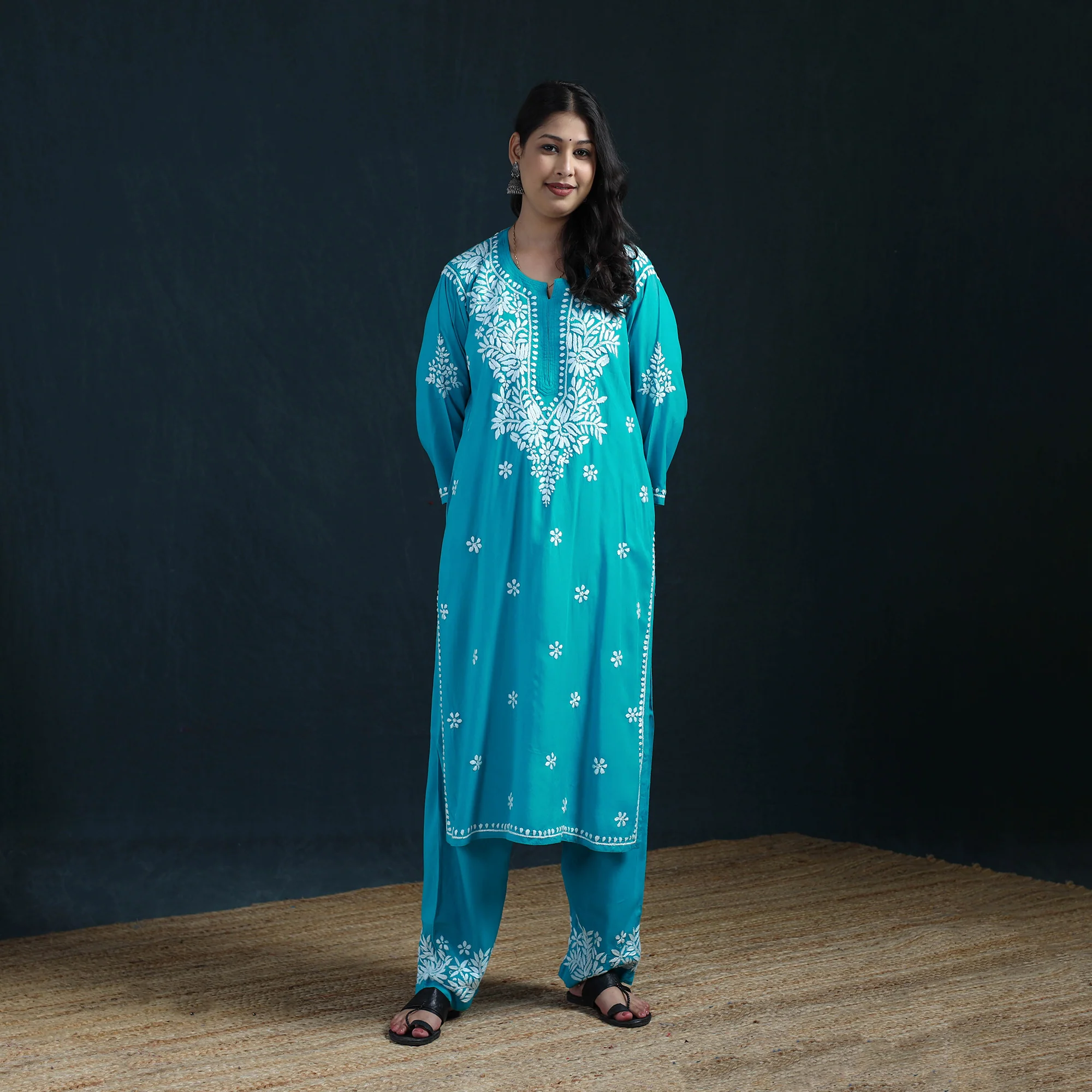 Blue - Hand Embroidered Rayon Chikankari Kurta with Pant Set for Women 08 - Image 2