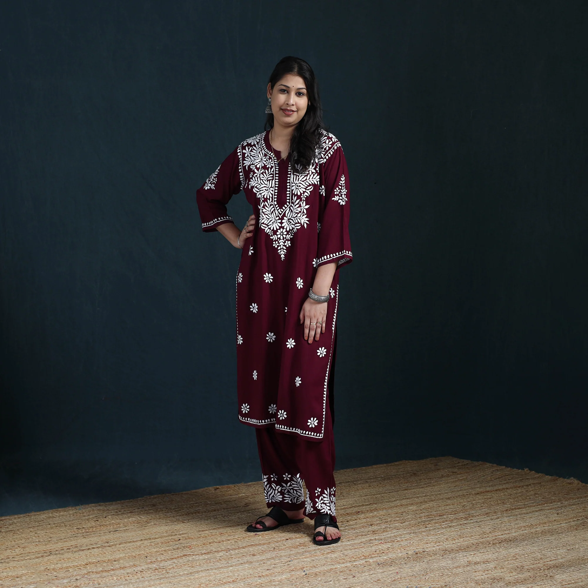 Maroon - Hand Embroidered Rayon Chikankari Kurta with Pant Set for Women 09 - Image 2