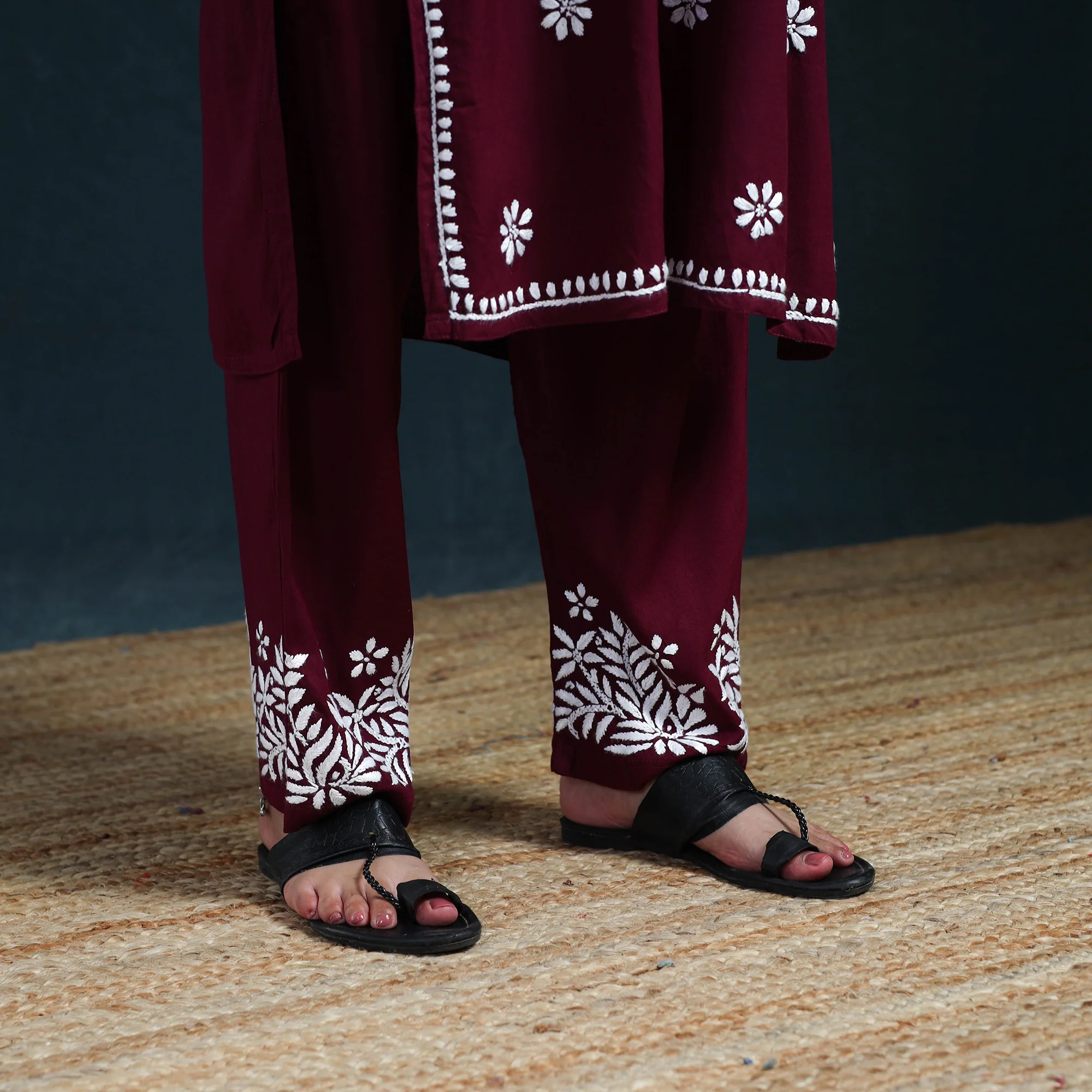 Maroon - Hand Embroidered Rayon Chikankari Kurta with Pant Set for Women 09 - Image 5