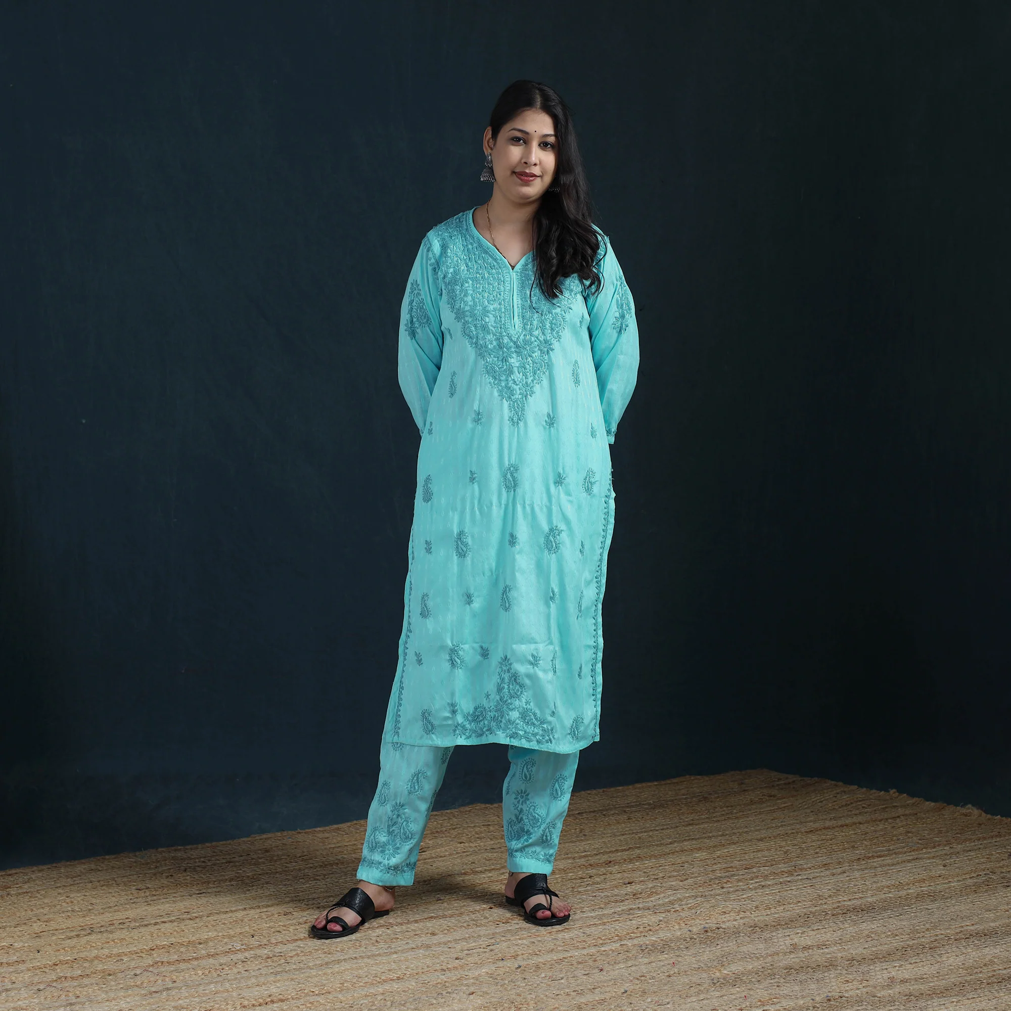 Blue - Hand Embroidered Rayon Cotton Chikankari Kurta with Pant Set for Women 38 - Image 2
