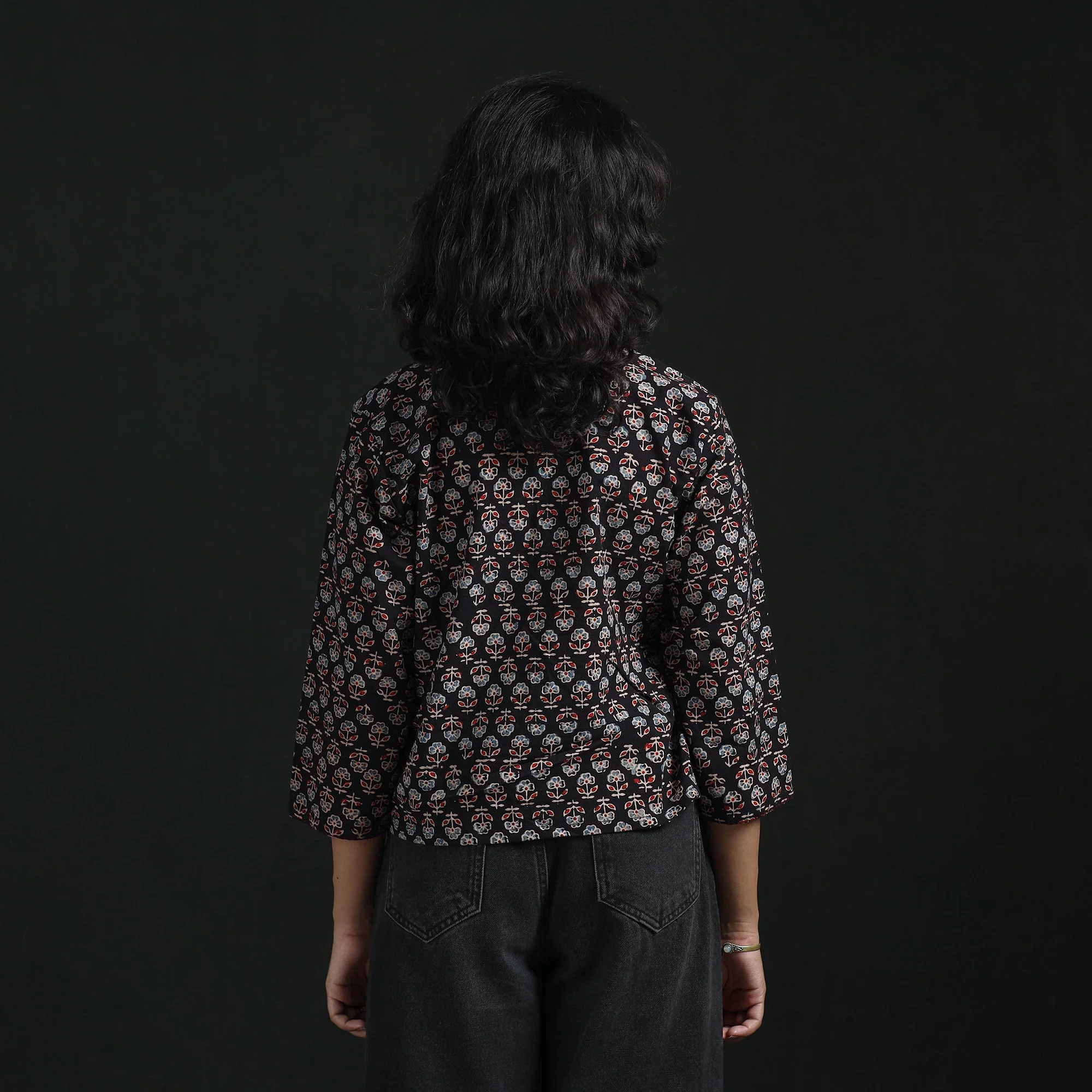 Black - Hand Embroidery Block Print Cotton Natural Dyed Ajrakh Crop Top 11 - Image 5