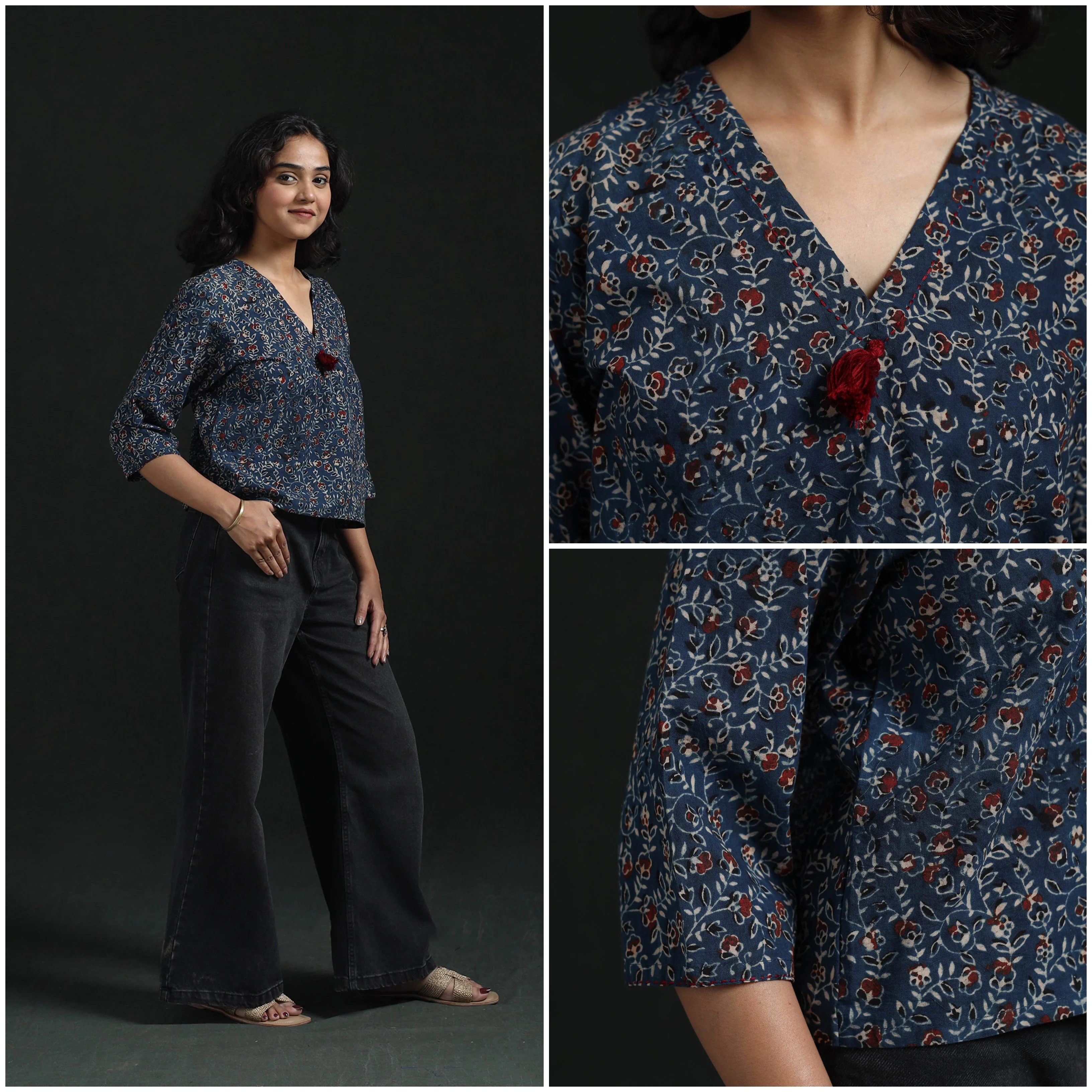 Blue - Hand Embroidery Block Print Cotton Natural Dyed Ajrakh Crop Top 12 - Image 3