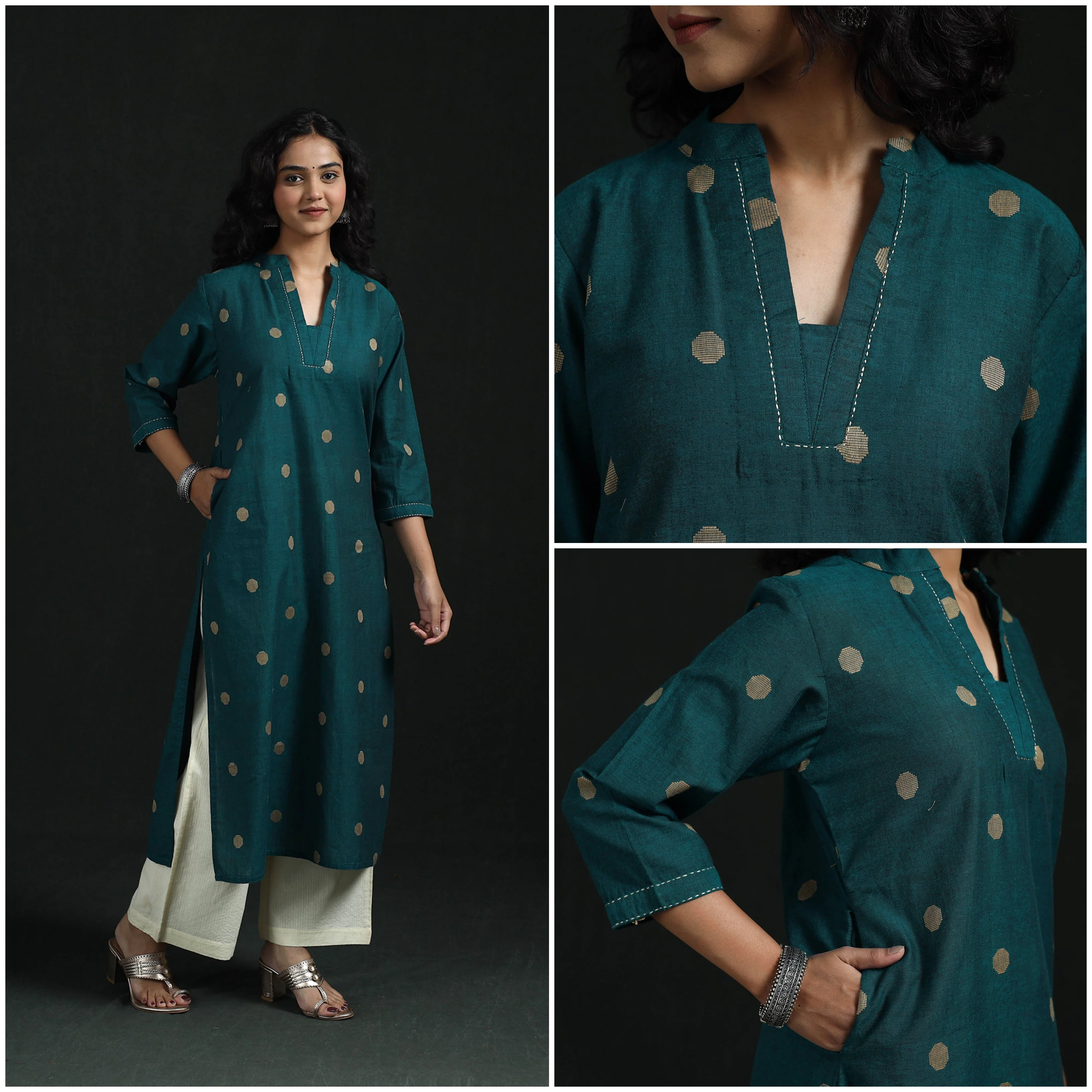 Green - Hand Embroidery Straight Cotton Jacquard Kurta for women 06 - Image 3